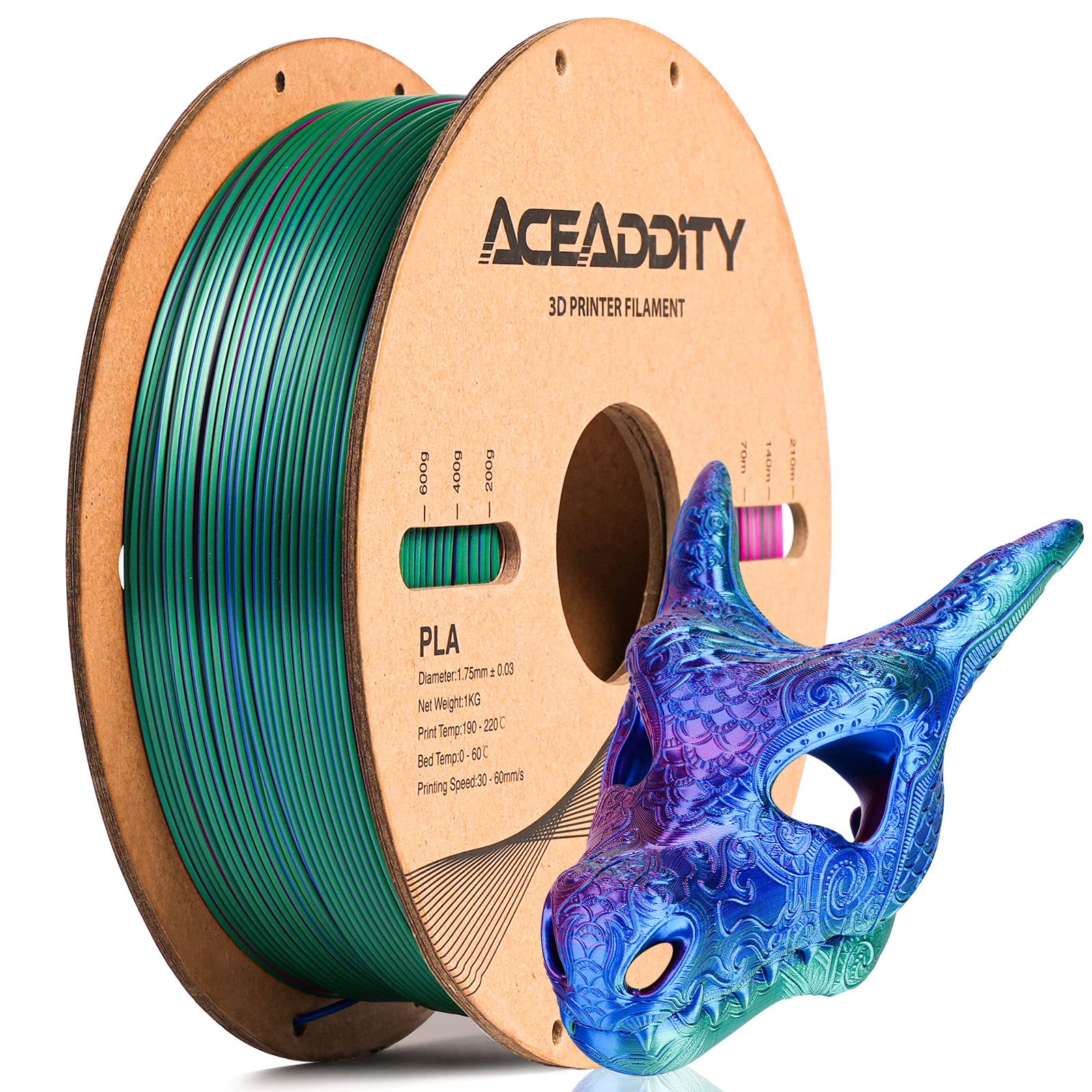 Silk Magic PLA 3D Printer Filament - Tri-Color Extrusion (Blue-Red-Green) 1.75mm, Shiny Silk Coextruded PLA with +/- 0.02mm Dimensional Accuracy, 1kg/2.2lbs Spool - Perfect for Cosplay Props, Home Decor & Creative 3D Printing Projects