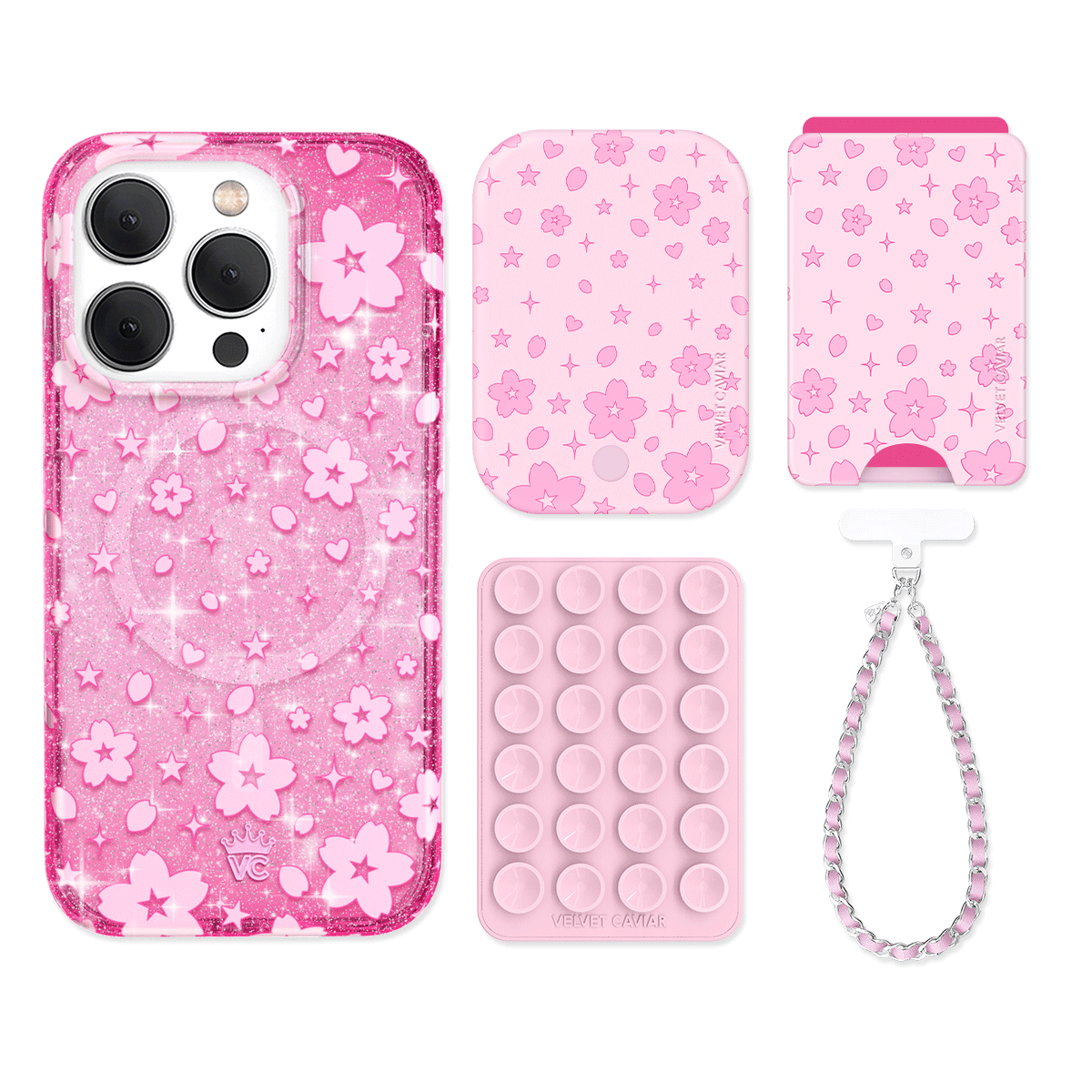 Cherry Blossom Glitter iPhone Case with Wallet - Cute Floral Phone Cover & Card Holder for Women - Perfect for Spring Outfits, Travel, and Everyday Use