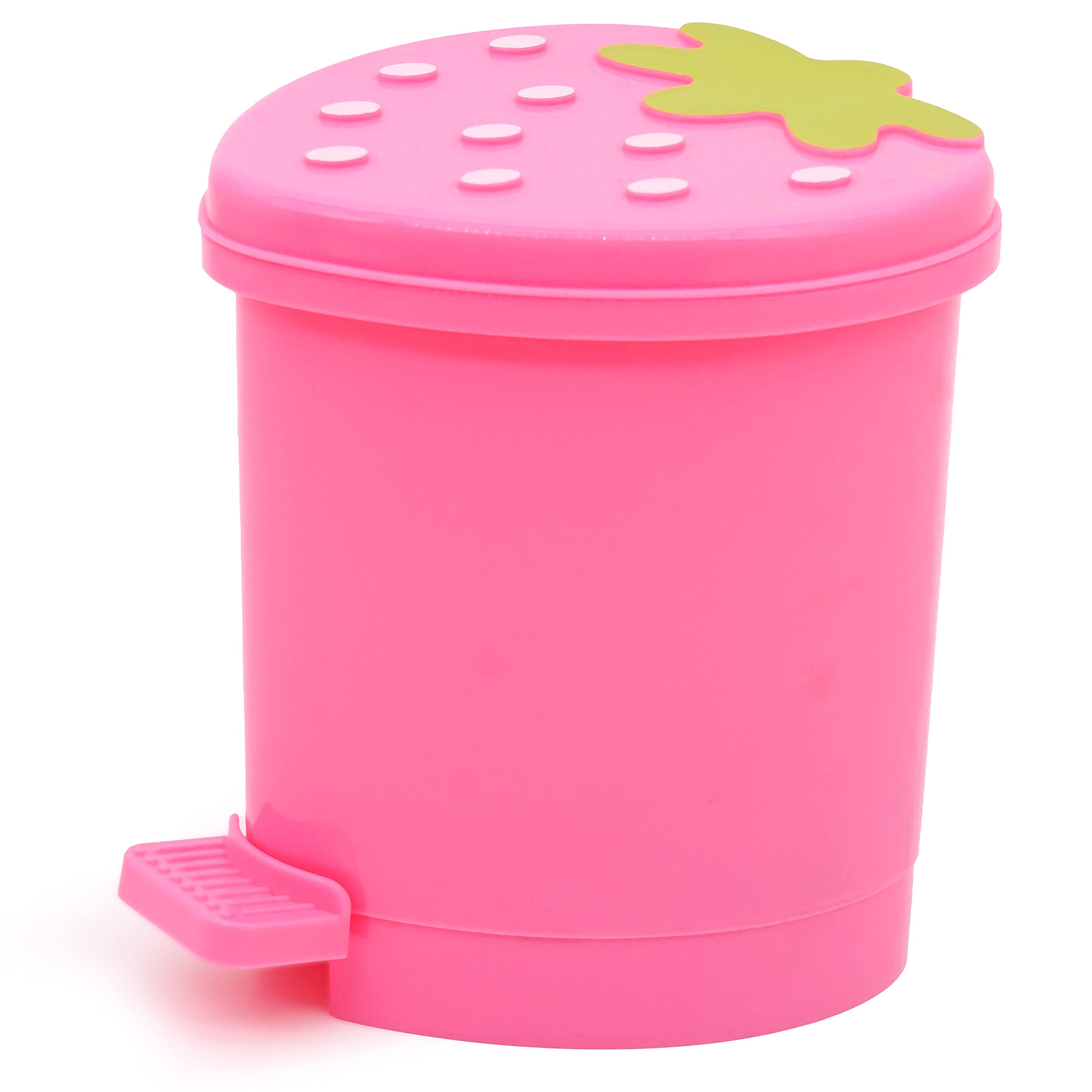 Cute Pink Strawberry Mini Desktop Trash Can with Swing Lid - Small Plastic Garbage Bin for Desk, Countertop, Car, Office & Kitchen - Perfect for Home, Work & Travel Use