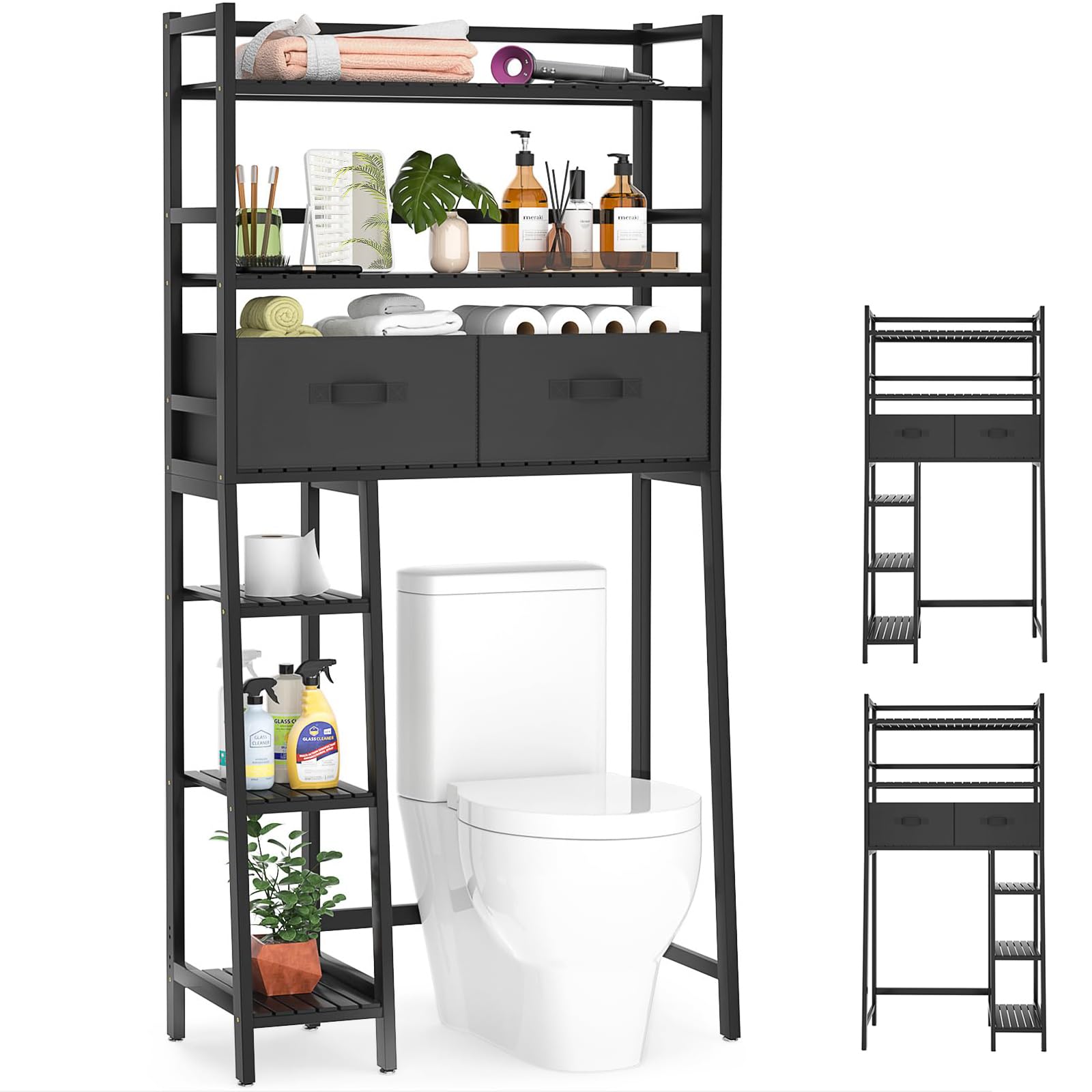 Homykic Over The Toilet Storage Organizer - 2-Drawer Bamboo Bathroom Shelf with Toilet Paper Holder Stand, Space-Saving Tower Rack for Mass Storage, Rust-Free & Durable (Black) - Perfect for Small Bathrooms, Apartments & Powder Rooms