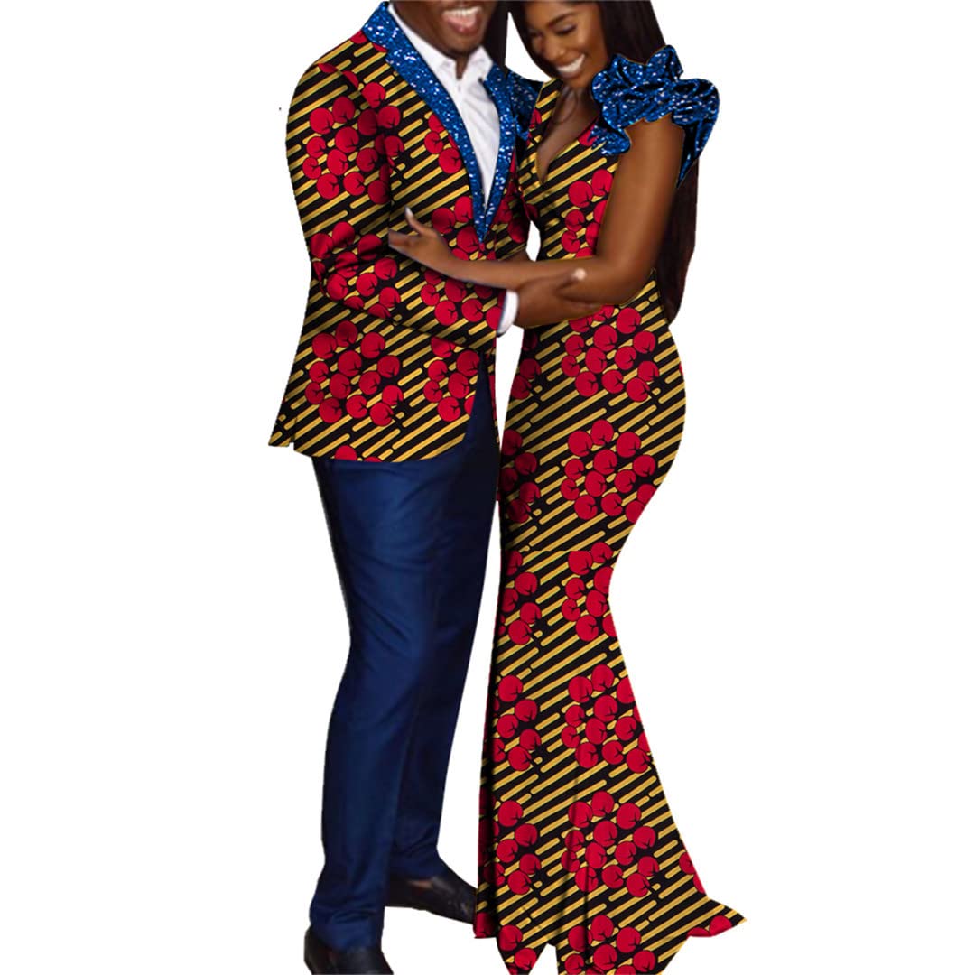 African Dashiki Couple Outfits for Lovers - Matching African Print Tops & Pants + Women's Dress Set (13 Colors) - Perfect for Valentine's Day, Anniversary Gifts, and Cultural Celebrations
