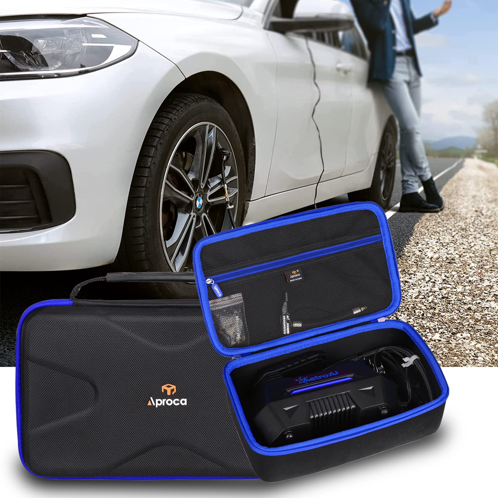 Aproca Hard Storage Travel Case for AstroAI Air Compressor Tire Inflator - Portable Air Pump Protective Carrying Bag with Blue Zipper - Perfect for Road Trips, Camping & Emergency Car Maintenance
