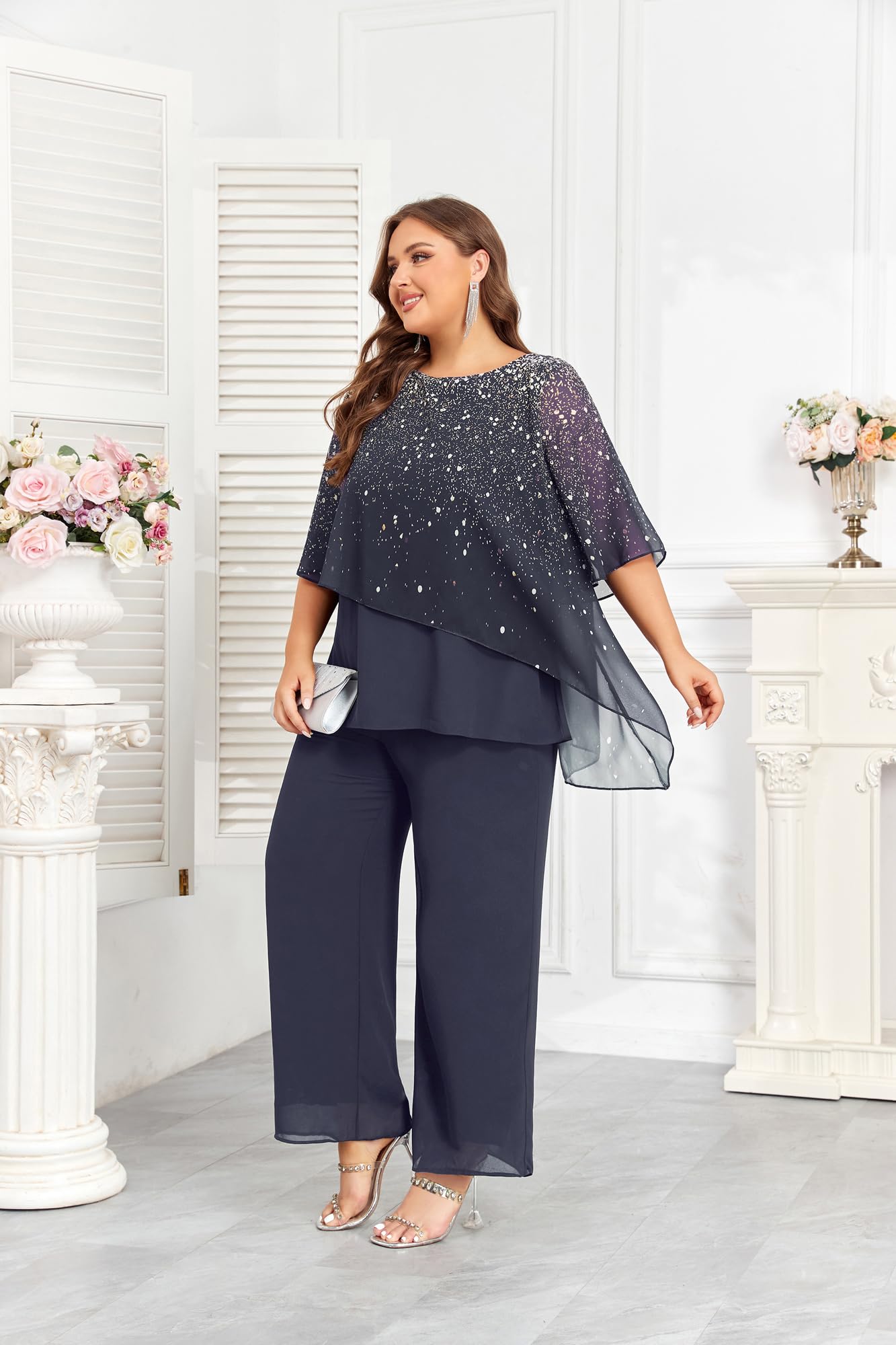 Hanna Nikole 2024 Plus Size Mother of Bride Pant Suits 2 Piece Set - Ruffle Layers Chiffon Outfit with Gradient Print for Wedding Guest, Special Occasions & Formal Events