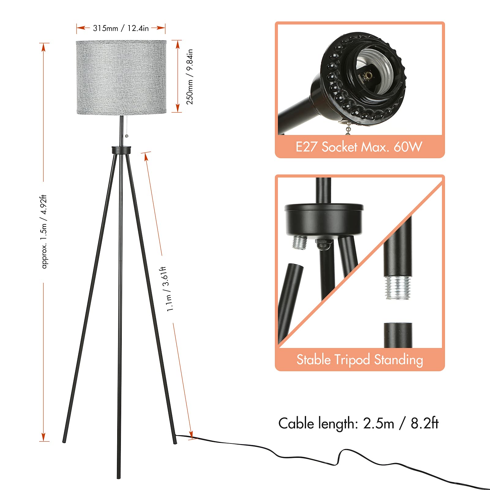 Tomshine LED Tripod Floor Lamp with Grey Cylinder Shade - Adjustable Standing Tall Lamp with Pull Chain Switch for Living Room, Bedroom, Office & Studio - Perfect for Reading, Working & Relaxing