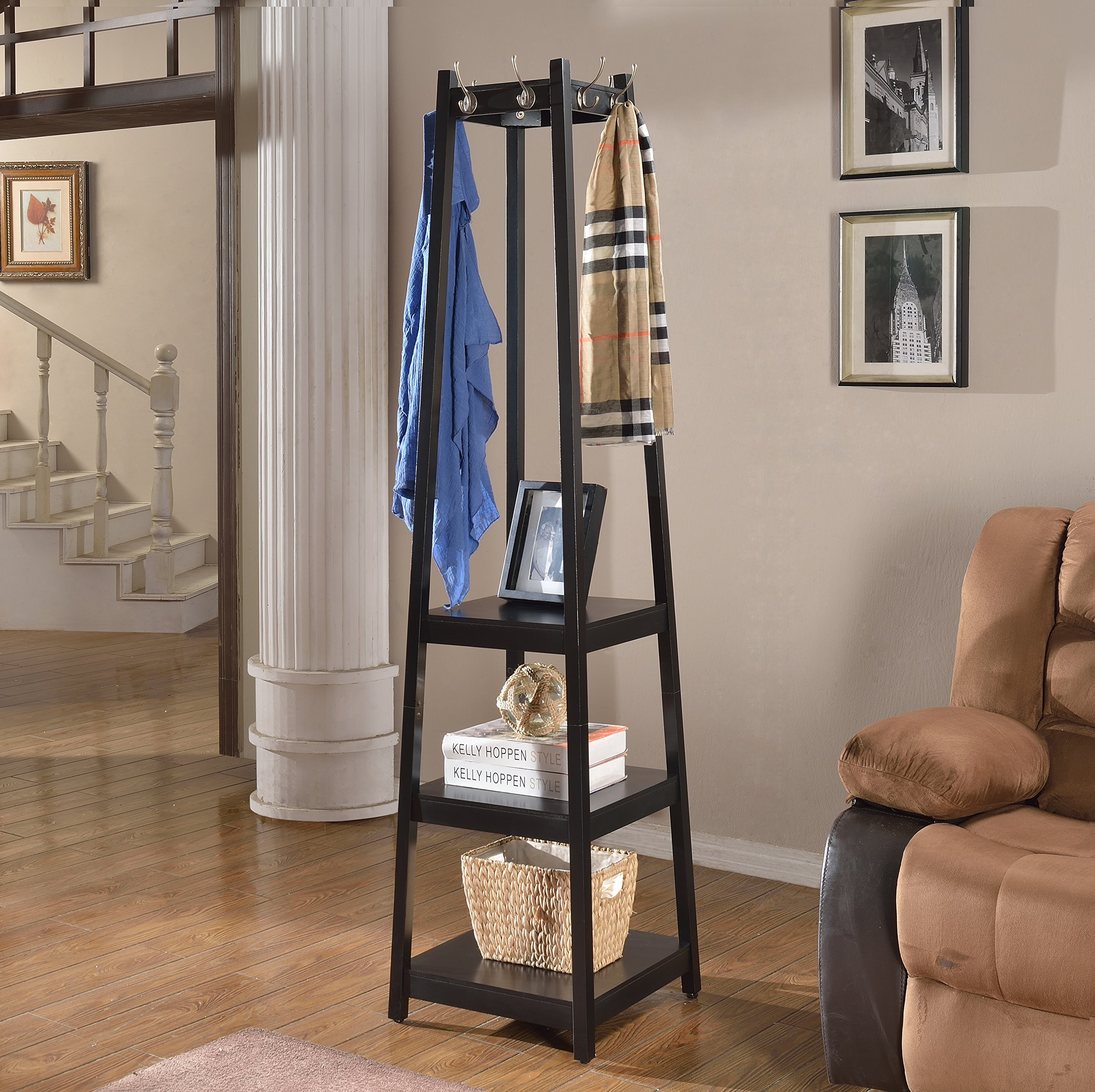Roundhill Furniture Vassen Coat Rack with 3-Tier Storage Shelves - Black Entryway Organizer for Hats, Bags & Shoes | Perfect for Hallway, Mudroom & Small Space Organization