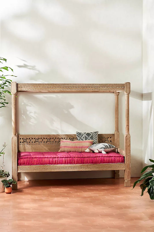 Hand Carved Solid Wooden Ezana Indian Canopy Daybed - Elegant Boho Style Outdoor/Indoor Lounger for Patio, Garden, or Bedroom Decor