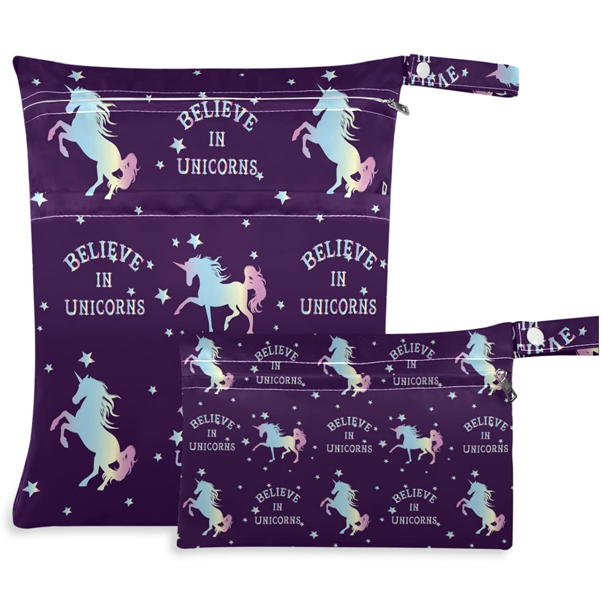 Believe in Unicorn 2-Pack Waterproof Wet Bags with Zipper Pockets | Reusable Washable Diaper & Swim Bag for Travel, Beach, Gym, Daycare | Perfect for Strollers, Dirty Clothes, Wet Swimsuits & Toiletries Organization