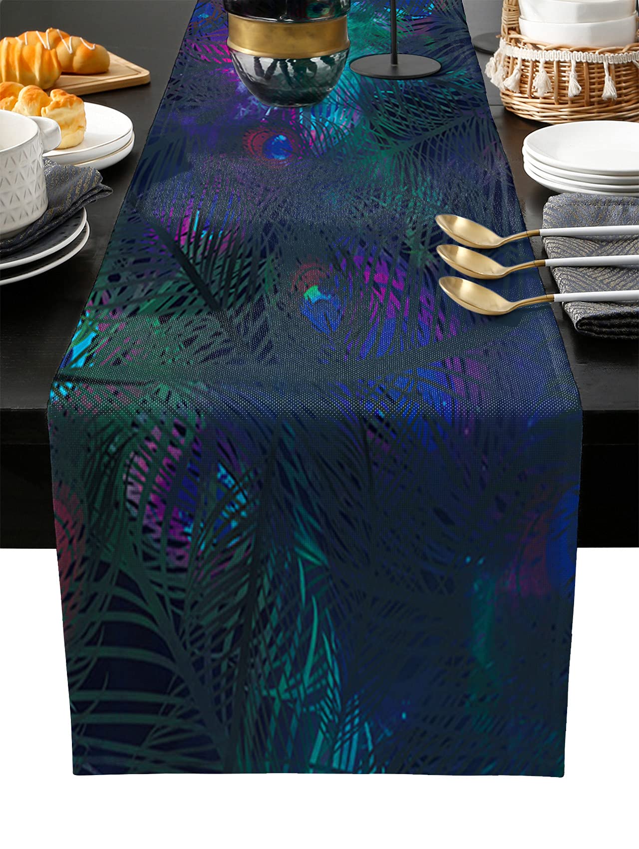 Peacock Feather Starry Sky Burlap Linen Table Runner - 90 Inch Long Farmhouse Kitchen & Dining Table Decor, Abstract Mysterious Green Blue Design for Coffee Tables, Banquets, Weddings & Home Decor