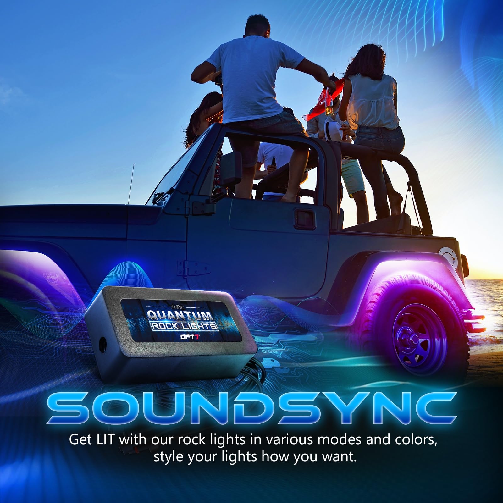 OPT7 Quantum RGBW LED Rock Lights with Remote Control - 4 Pods Wide Angle Multicolor Neon Underglow Lighting Kit with Extension Wire, IP68 Waterproof for Offroad Vehicles, Trucks, Jeeps, RZR, ATV, UTV, SUV - Perfect for Night Off-Roading, Car Shows & Custom Vehicle Lighting