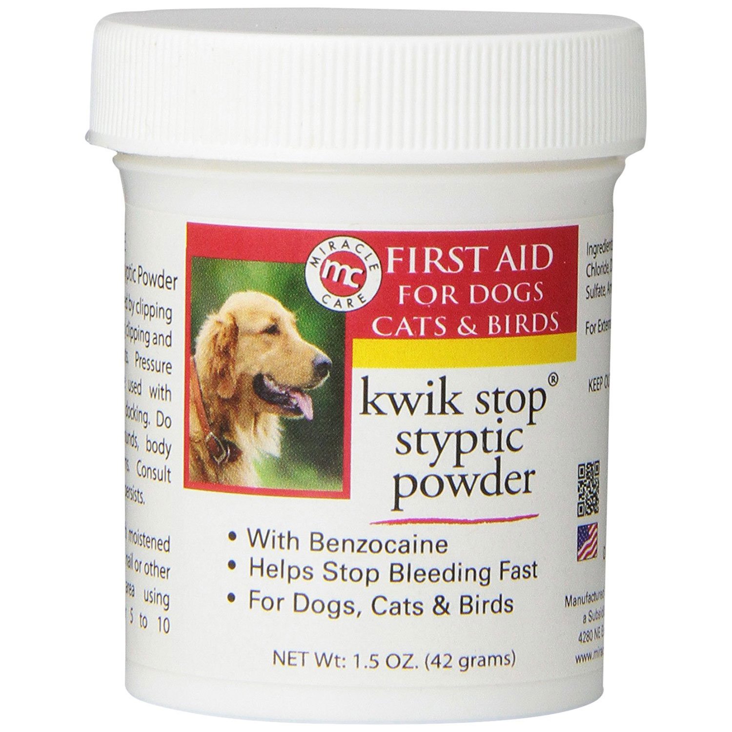 Kwik Stop Styptic Powder with Benzocaine for Dogs & Cats - 42g | Fast Bleeding Control for Nail Trims & Minor Cuts | Pet First Aid Essential
