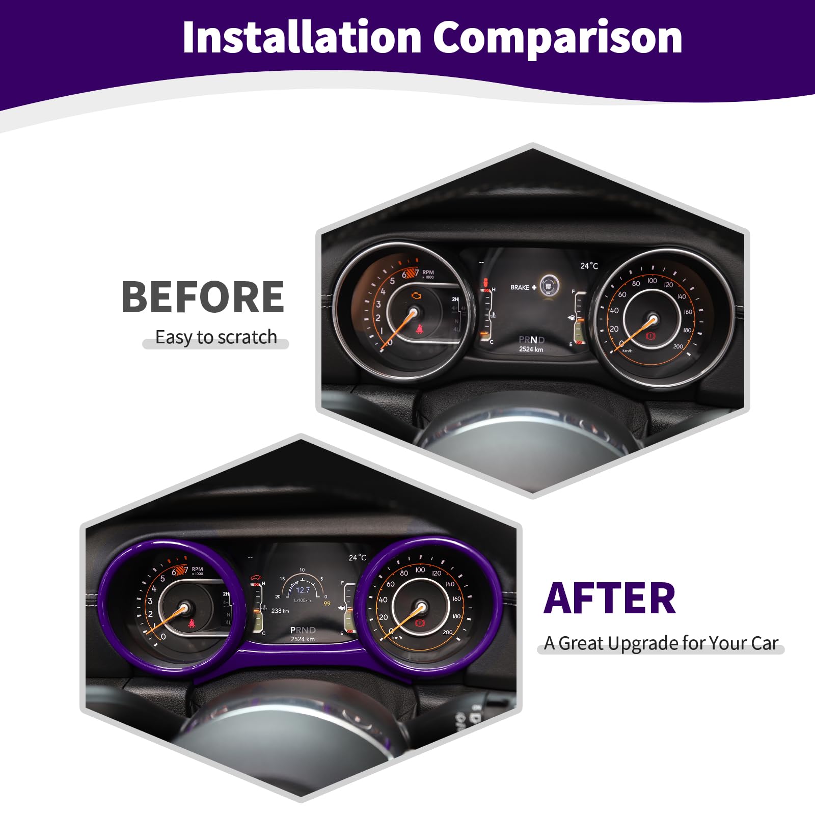 Jeep Wrangler JL JLU & Gladiator JT Dash Cluster Gauge Trim Ring Cover (2018-2023) - Purple Interior Accessories (3-Piece Set) | Durable ABS Plastic, Easy Installation, Custom Fit for Enhanced Dashboard Style