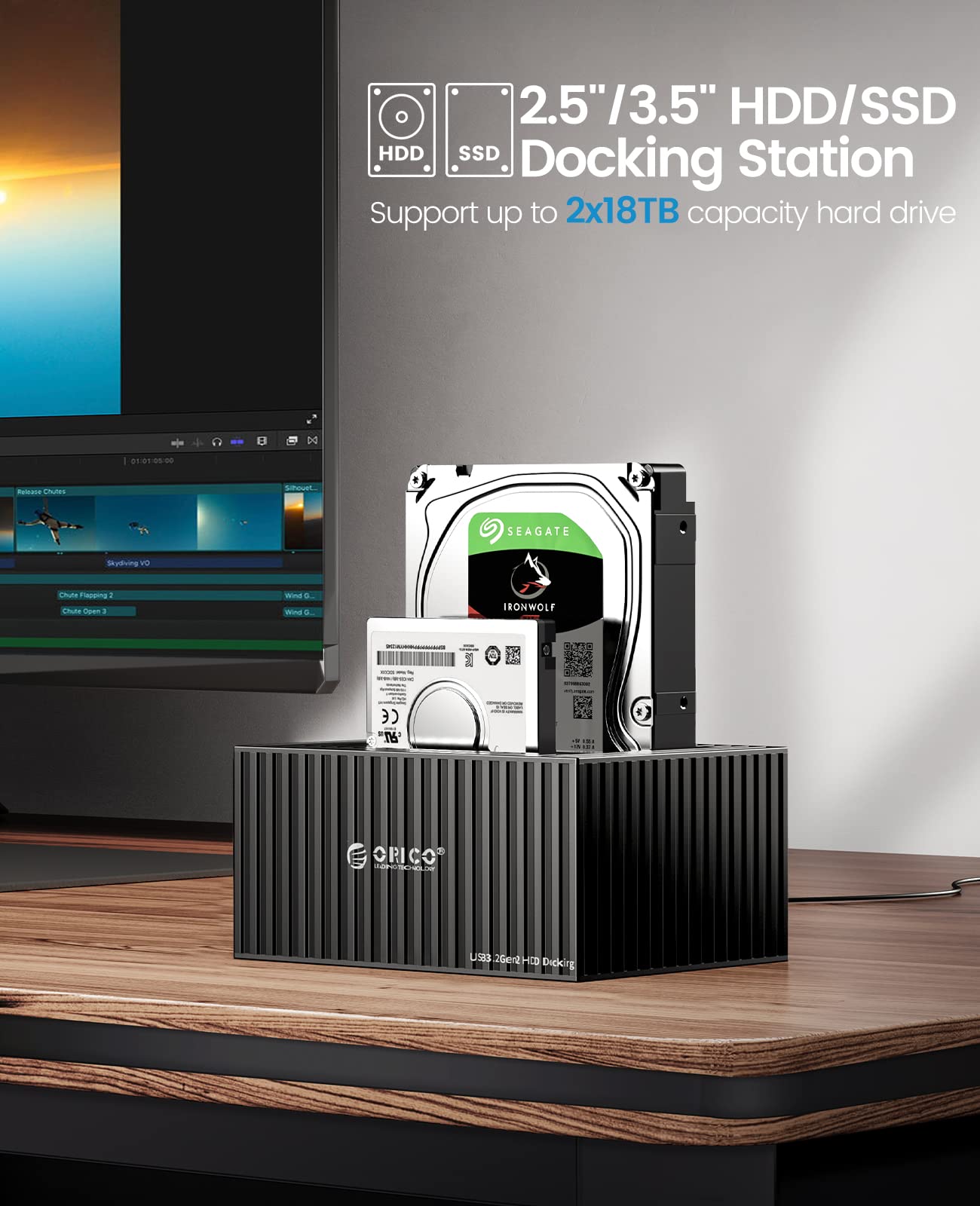 ORICO USB 3.1 Aluminum Alloy External Hard Drive Docking Station - Dual Bay for 2.5/3.5 Inch HDD SSD up to 18TB Each - Includes 10Gbps USB-C & USB-A Cables - Perfect for Data Backup, File Transfer & Media Storage