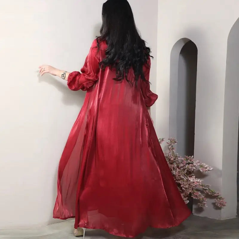 2 Piece Set Bright Satin Open Abaya Dress with Inner Sleeveless Dress - Muslim Prayer Dress, Eid Outfit, Ramadan Fashion, Modest Evening Wear for Women