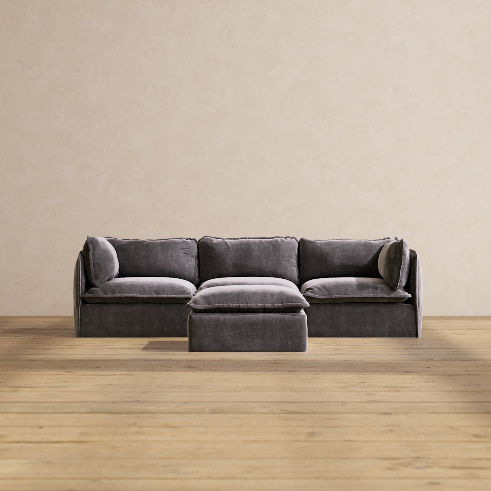 Premium Modular Performance 3-Seater Sofa with Ottoman in Cinder | Deluxe Blend Fabric | Perfect for Living Room, Home Theater & Lounge Areas