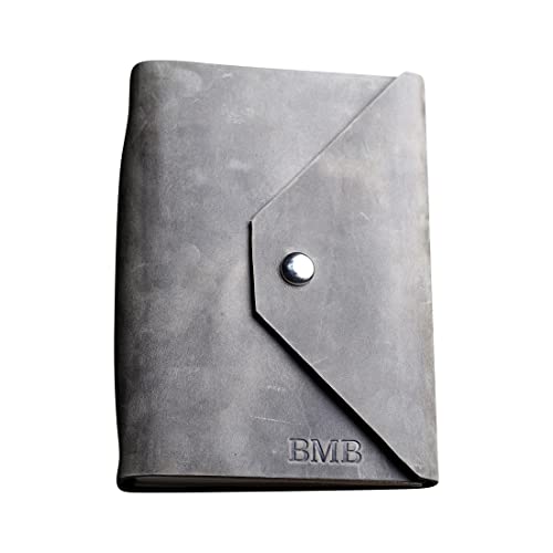Ox & Pine Personalized Refillable Leather Snap Journal - Full Grain Leather Refillable Notebook or Sketchbook - Rustic Gray Lined Paper - 4x6 - Perfect for Travel, Journaling & Gift Giving