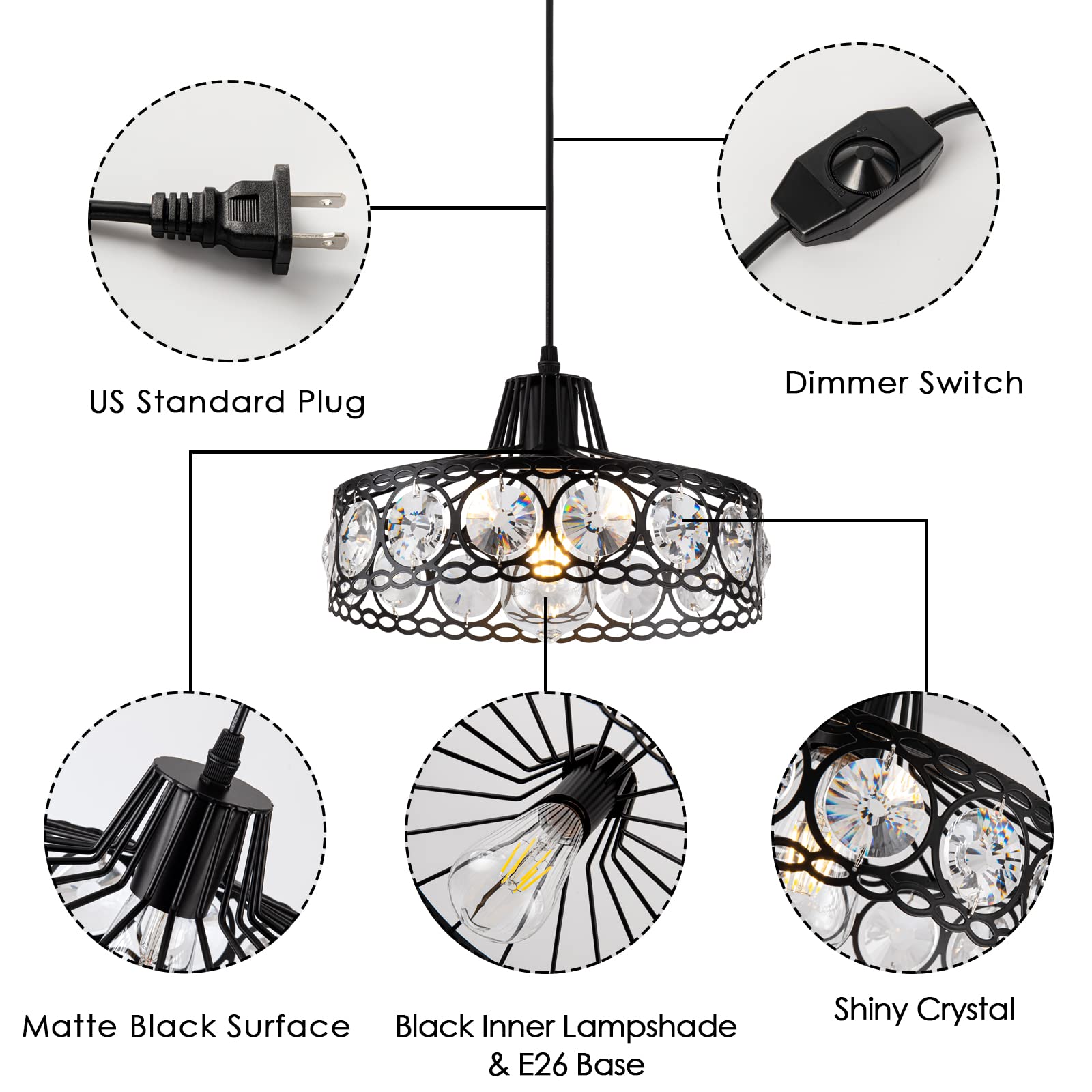 Crystal Pendant Light - Black Industrial Metal Chandelier with 15Ft Cord & On/Off Switch | Modern Hanging Lamp for Kitchen Island, Dining Room, Bedroom | Plug-in Swag Light Fixture (D11.42) for Home Decor & Interior Lighting