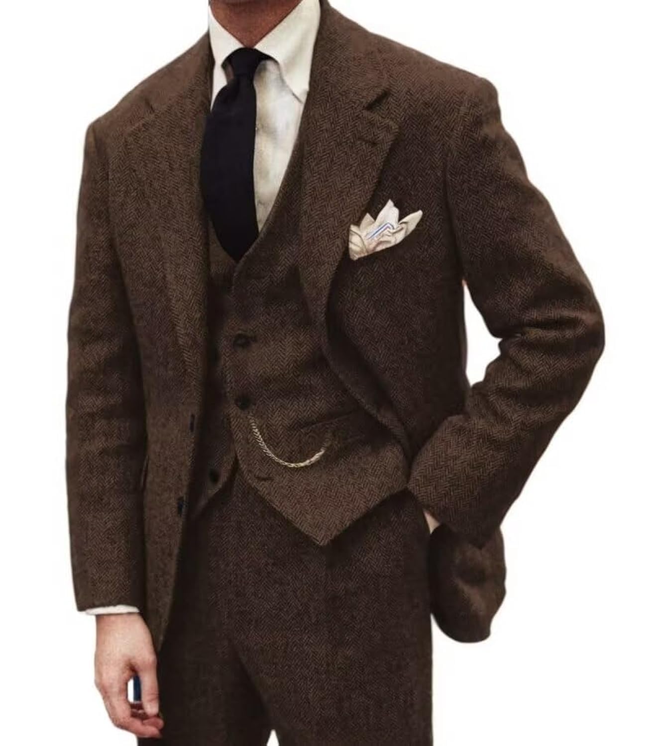 Men's Slim Fit Tweed Herringbone 3-Piece Suit - Wedding, Groomsmen, Prom Tuxedo Set with Jacket, Vest & Pants | Formal Occasions, Business Events & Special Celebrations