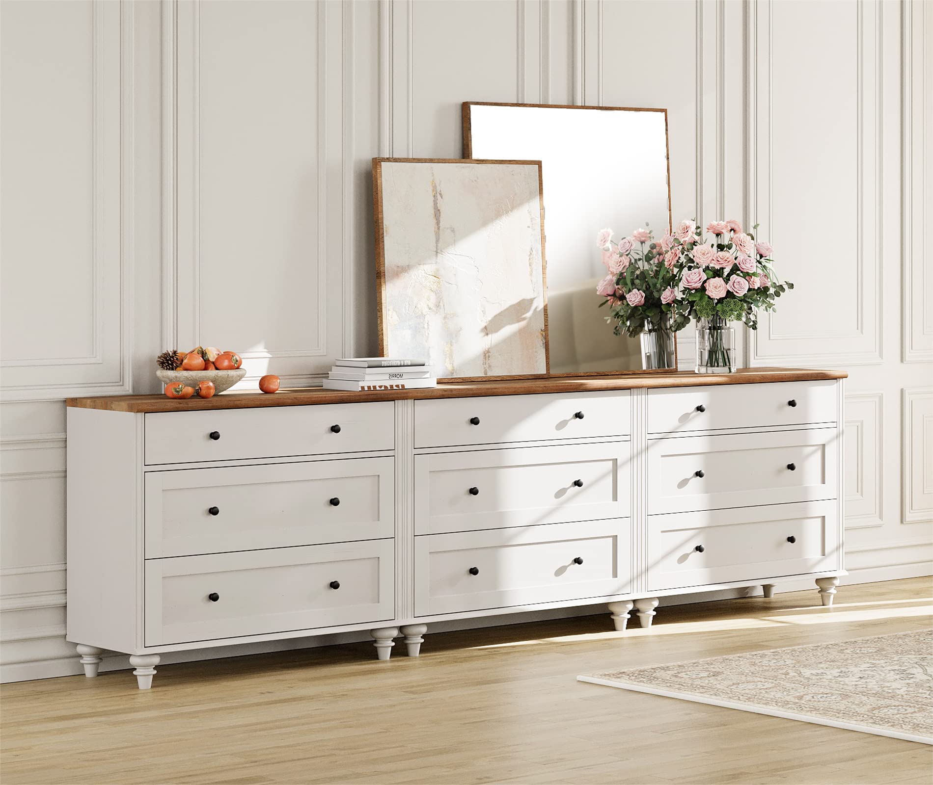 WAMPAT 9-Drawer Dresser - White Wooden Kids Dresser with Wide Storage Drawers, Mid-Century Modern Chest Organizer for Bedroom, Nursery, Living Room & Hallway | Perfect for Baby Clothes, Toys & Home Organization