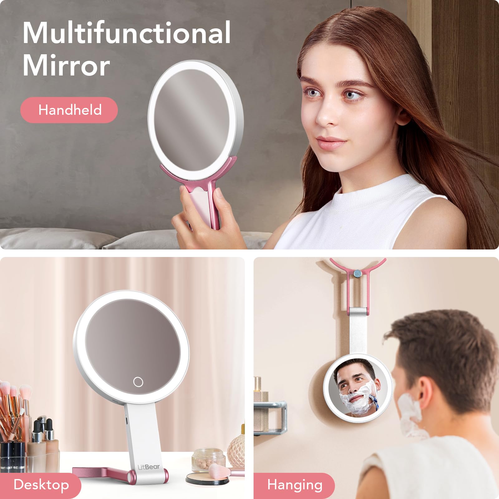 Rechargeable Travel Makeup Mirror with Lights - 10X/1X Magnifying, 3-Color Dimmable LED for Home & Travel