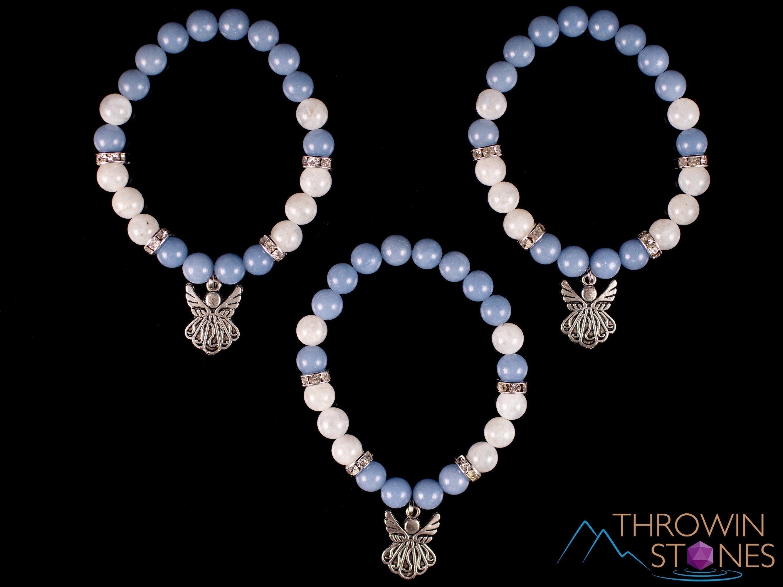 Angelite & Moonstone Crystal Bracelet - Angel Charm Beaded Bracelet with Round Beads | Handmade Healing Jewelry for Women | Spiritual Gift, Meditation & Energy Balancing Accessory (E2050)