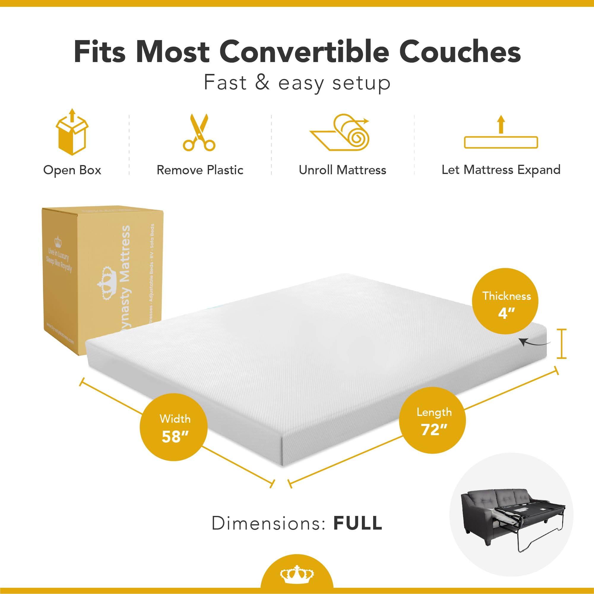 DynastyMattress Full Size 4-inch Cool Gel Memory Foam Sofa Bed Mattress - USA Made for Convertible Folding Sofa & Couch Beds (Sofa Not Included) | Perfect for Guest Rooms, Small Apartments & Overnight Comfort