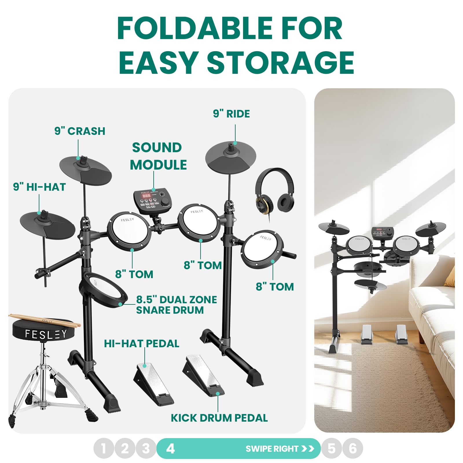 Fesley FED150W Electric Drum Set - 200 Sounds, 4 Quiet Mesh Pads, Dual Zone Snare, 2 Choke Cymbals | Portable Electronic Drum Kit for Beginners with Bluetooth, MIDI, Throne, Headphones & Sticks | Perfect for Home Practice, Studio Recording & Live Performances