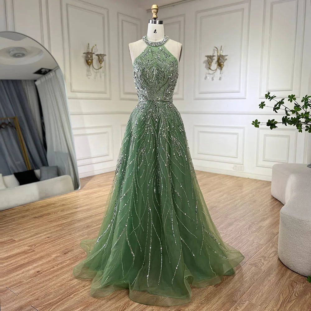Elegant Blue Arabic A-Line Halter Gown - Luxury Dubai Evening Dress for Women | Wedding, Party & Special Occasion Wear | 2025 Fashion LA72302