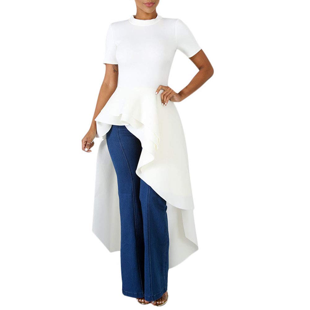 Annystore Women's High Low Tops - Ruffle Bodycon Peplum Asymmetrical Tunic Shirt Dress for Casual Wear, Party & Date Night Outfits