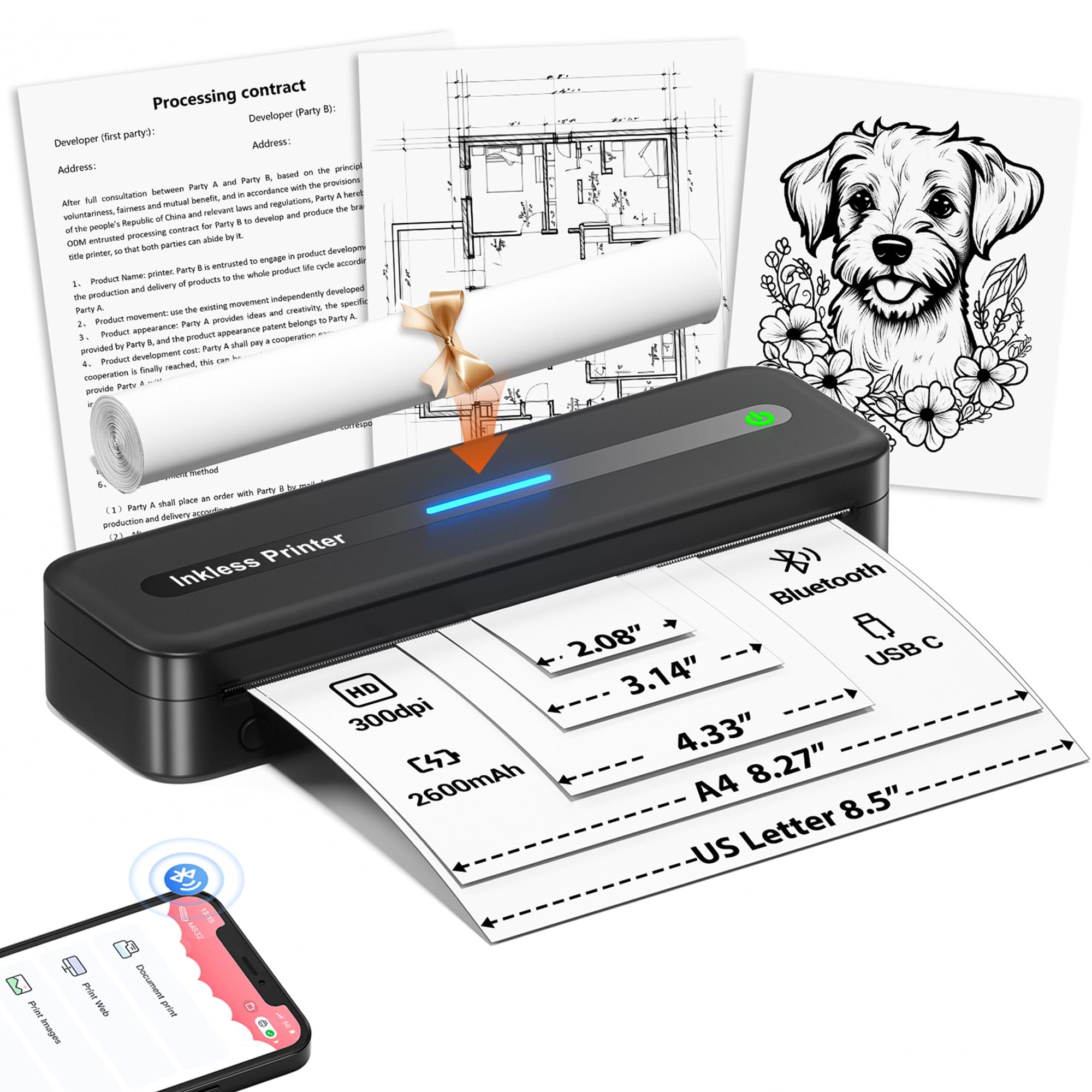 Portable Bluetooth Thermal Printer - M832 Inkless Printer for Phone, Laptop & Tablet | Supports 8.5
