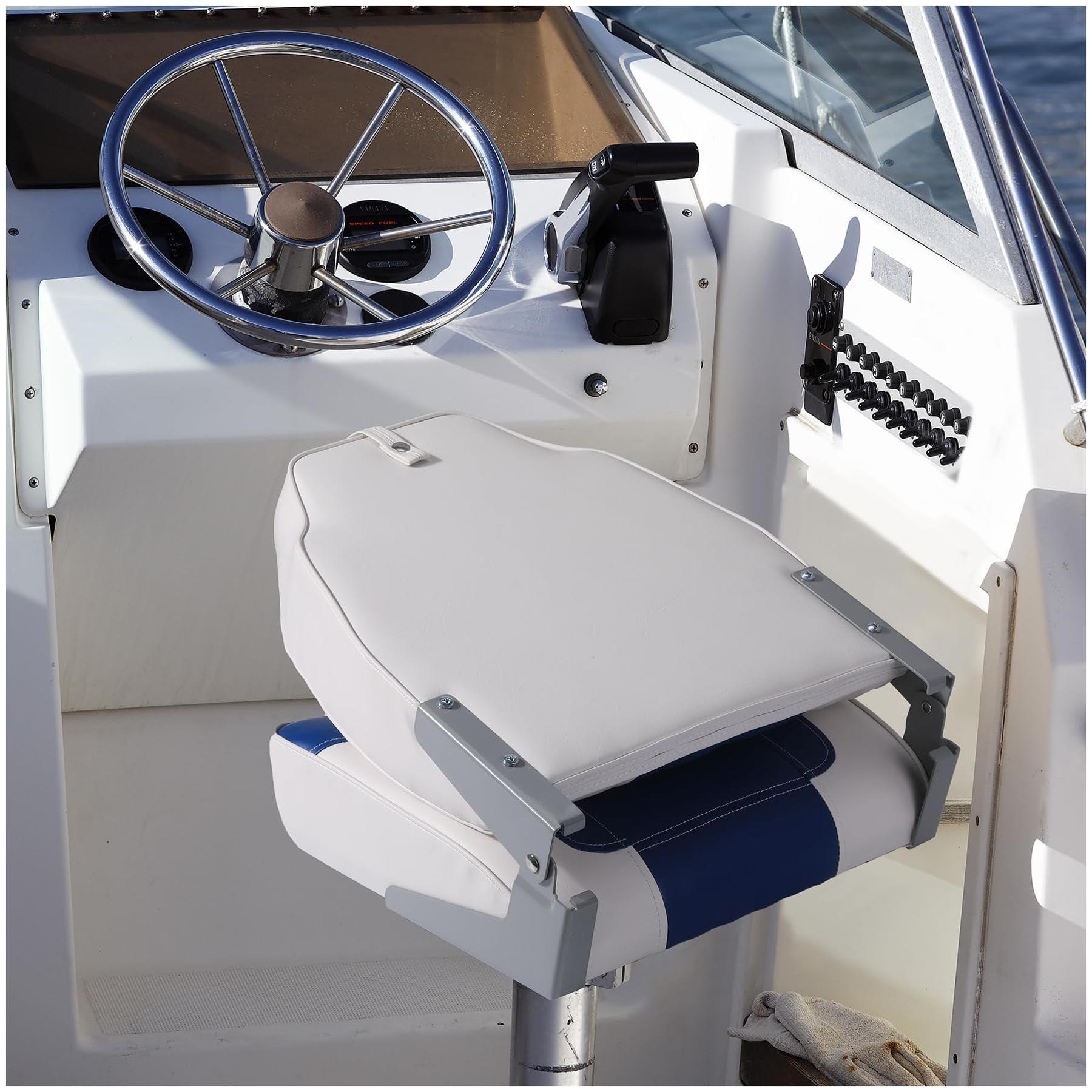 GARVEE 2 Pack High Back Folding Boat Seats with Thickened Sponge Padding - Weather Resistant PVC & Aluminum Hinges - Blue/White - Perfect for Fishing, Speedboat, Canoe & Marine Activities