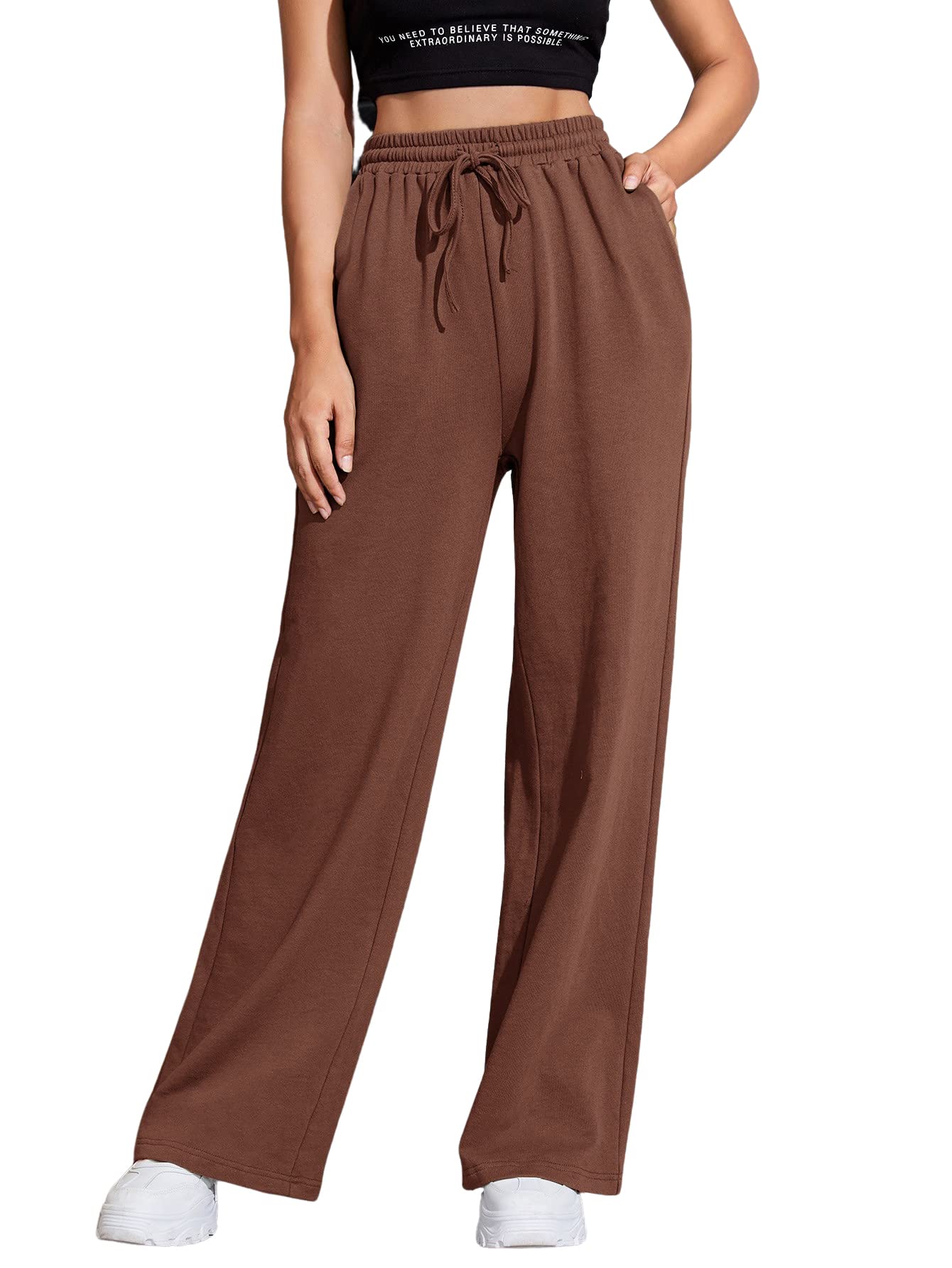 Floerns Women's Casual High Waist Drawstring Baggy Sweatpants with Pockets - Comfortable Wide Leg Lounge Pants for Yoga, Running, Workout & Home Wear
