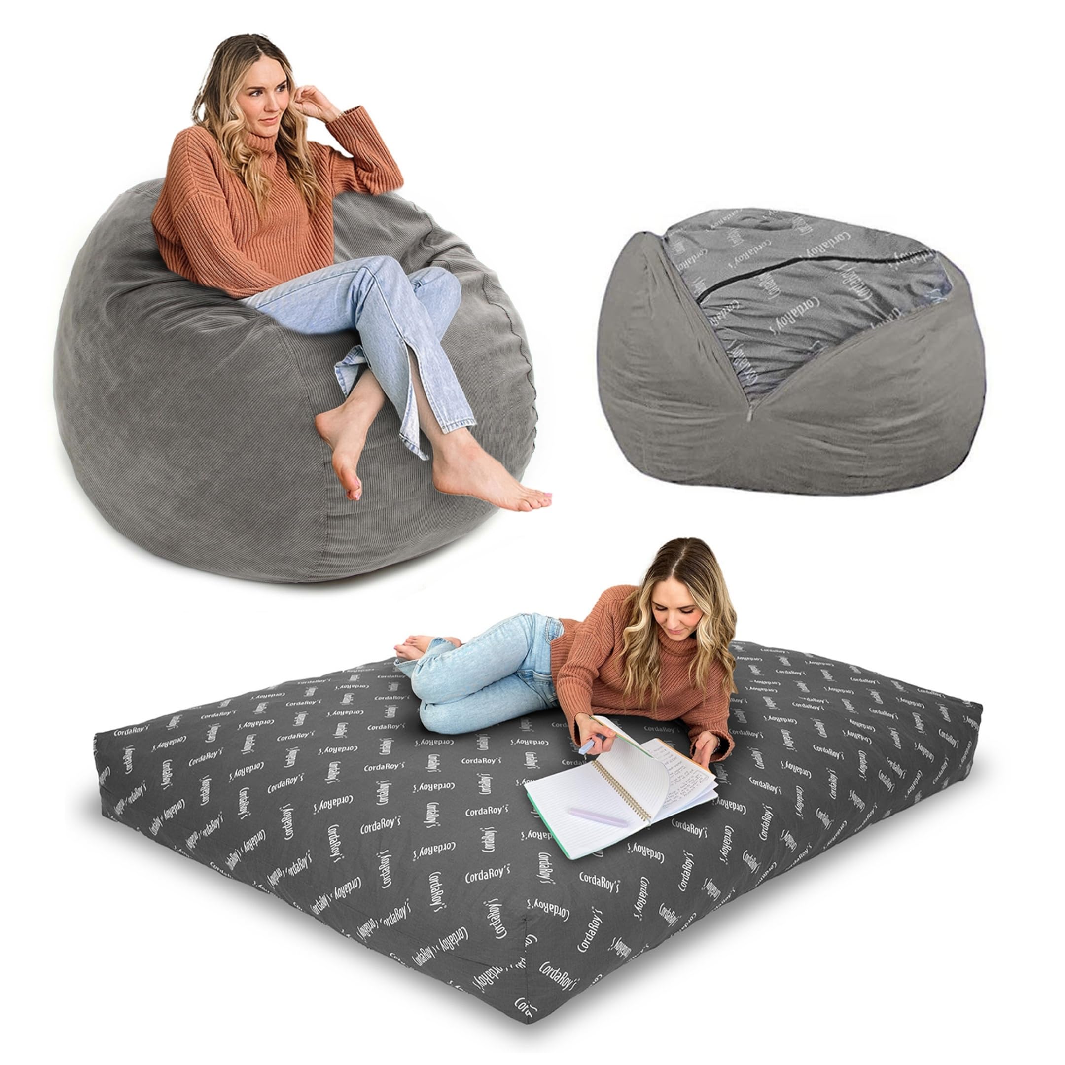 CordaRoy's Corduroy Bean Bag Chair - Convertible from Bean Bag to Lounger (Full Size, Grey) | As Seen on Shark Tank | Perfect for Living Rooms, Dorm Rooms & Game Rooms