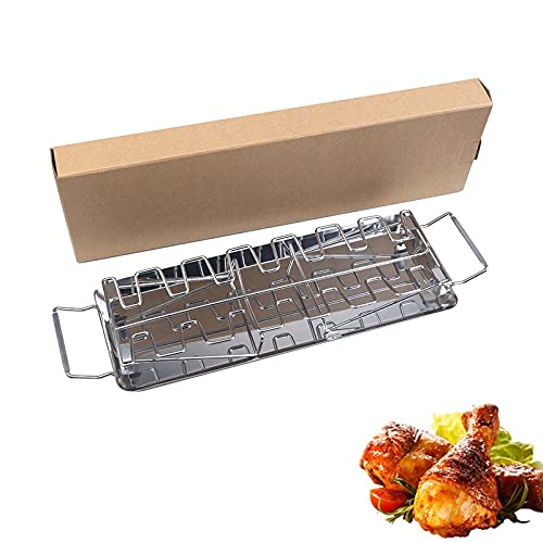 14-Slot Stainless Steel BBQ Grill Rack for Beef, Chicken Legs & Wings - Oven Roaster Stand with Drip Pan & Tools (Grill Stand with Pan) - Perfect for Backyard BBQs, Camping & Outdoor Cooking