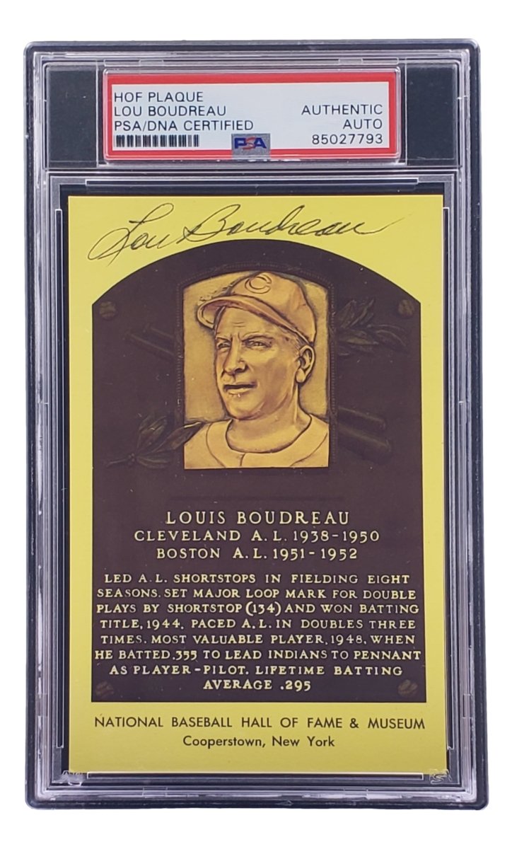 Lou Boudreau Autographed 4x6 Cleveland HOF Plaque Card - PSA/DNA Certified 85027793 - Perfect for Baseball Memorabilia Collections & Sports Fan Gifts