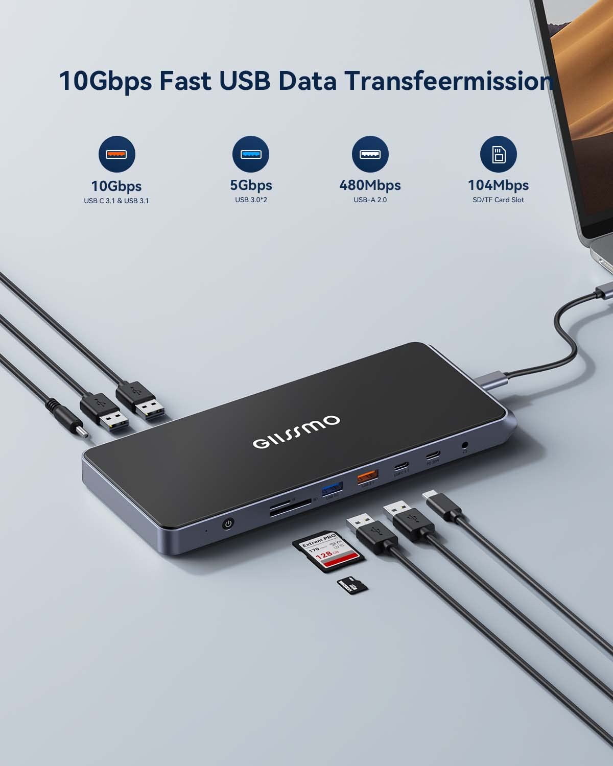 GIISSMO USB C Docking Station Triple Monitor for Windows & Mac - 4K Triple Display with 130W Power Adapter, 10Gbps USB-C/A Ports, 20W Fast Charging, RJ45 Ethernet, USB 3.0/2.0, Audio Jack (Black) - Perfect for Home Office, Gaming Setup & Multi-Tasking Professionals