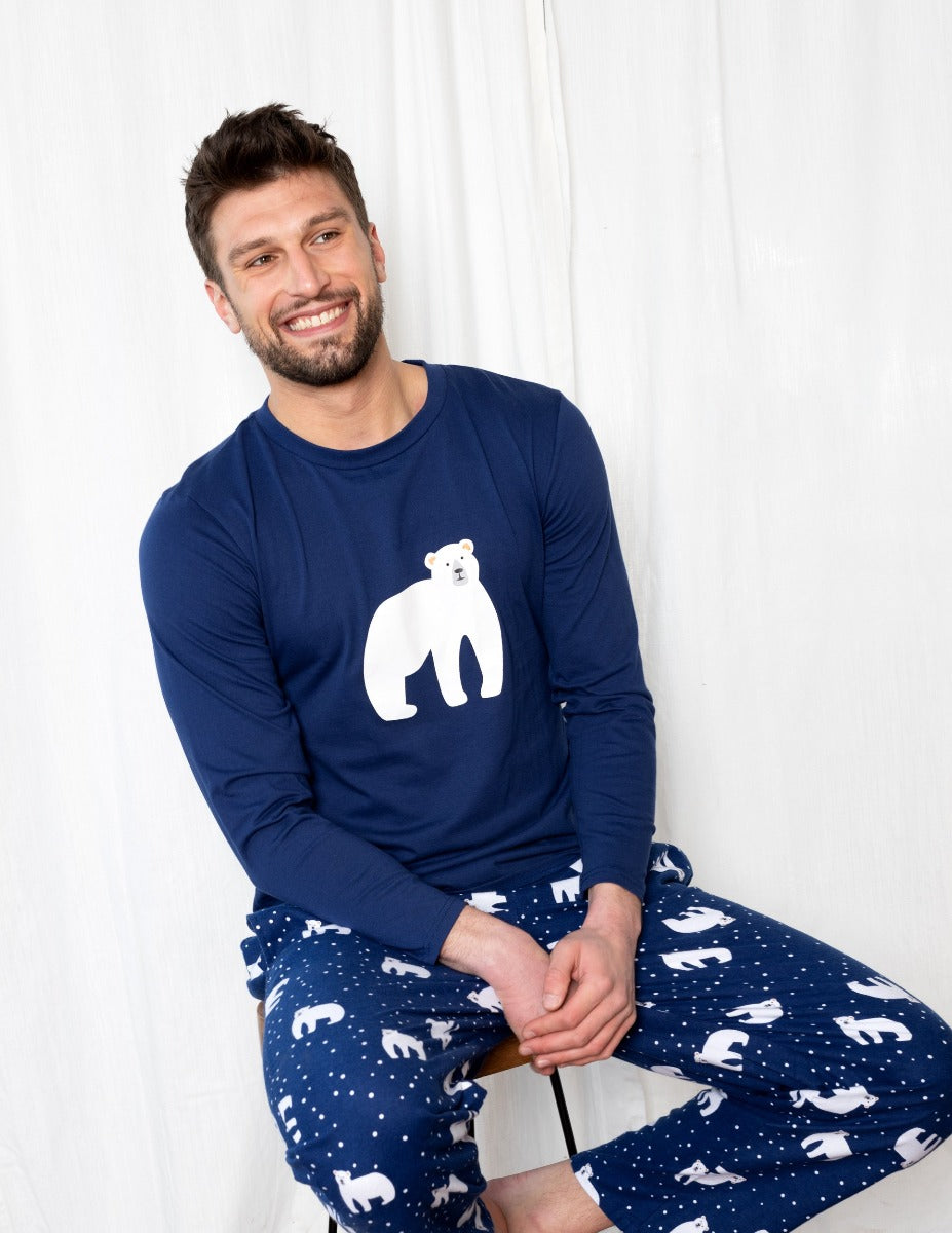 Men's Polar Bear Print Flannel Pajama Set - Cozy Winter Sleepwear for Cold Nights & Lounging at Home