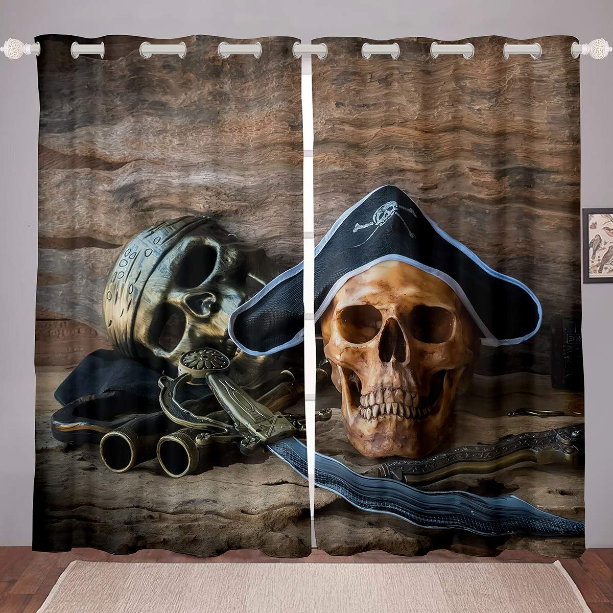 Gothic Skull Print Blackout Curtains for Bedroom & Living Room - 3D Pirate Bones Design Window Drapes (52x84 Inch, 2 Panels) - Perfect for Horror Theme Rooms, Teen Boy's Bedroom & Halloween Decor
