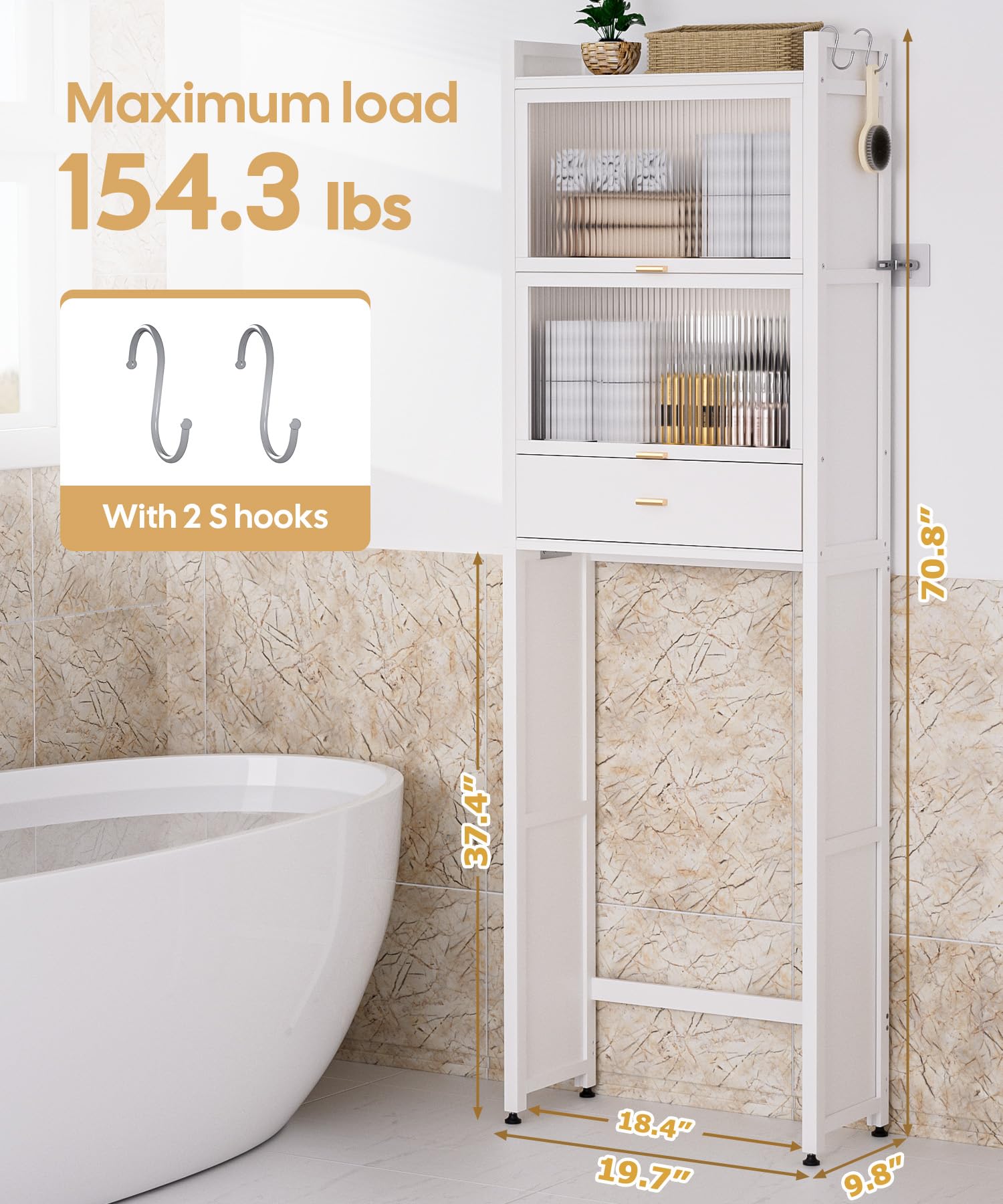 Over The Toilet Storage Cabinet with Drawer & Flip Door - Bamboo Bathroom Organizer Shelf | Anti-Tip Design, Waterproof Feet | Freestanding Space Saver for WC (White) - Perfect for Small Bathrooms & Apartment Storage Solutions