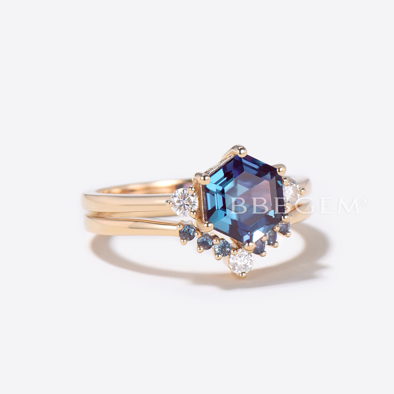 Hexagon Cut Alexandrite Engagement Ring & Wedding Band Set in 10k Gold - Vintage Inspired Bridal Jewelry for Proposals, Anniversaries & Special Occasions