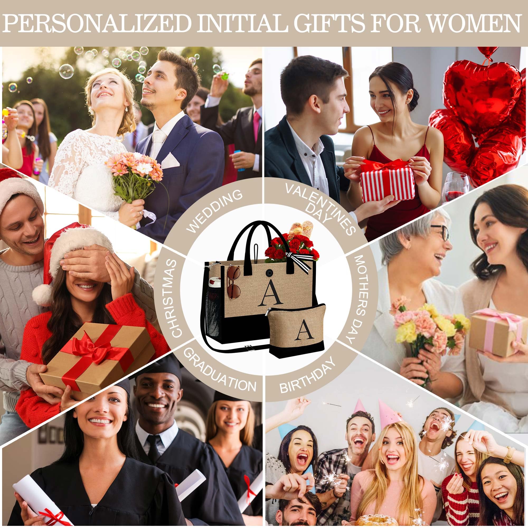 Personalized Initial Beach Tote Bag & Makeup Set - Perfect Valentine's Day, Birthday Gifts for Women, Mom & Friends | Great for Beach Trips, Travel & Everyday Use