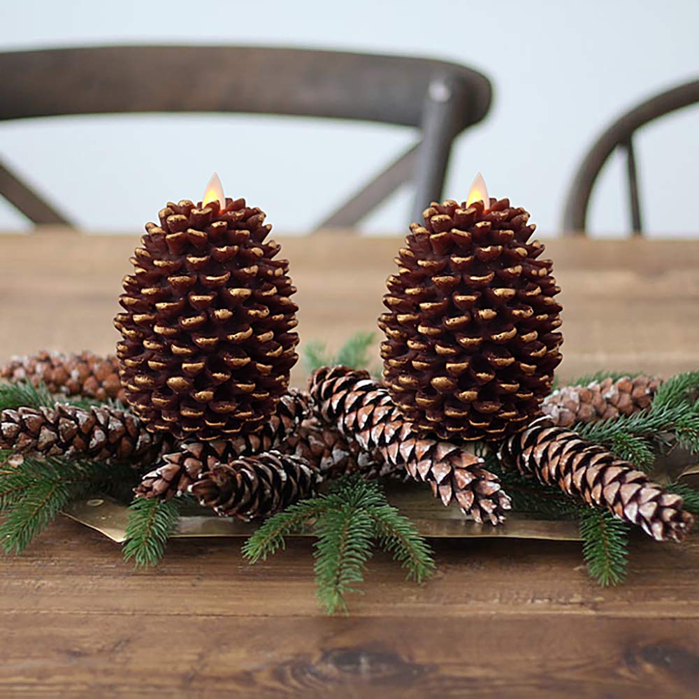 Flameless LED Pine Cone Candles with Flickering Wick - Battery Operated, 6-Hour Timer, Brown Christmas Decor (3.5
