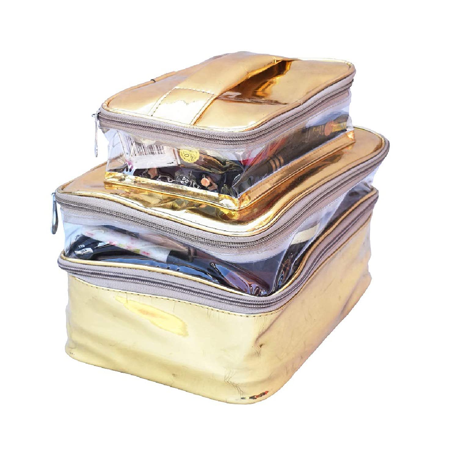 Gold Makeup Box Cosmetic Bag and Pouch (3 Fold Gold 01) - Elegant Travel Organizer for Women | Perfect for Makeup Brushes, Jewelry & Toiletries | Great Gift Idea for Brides & Beauty Lovers