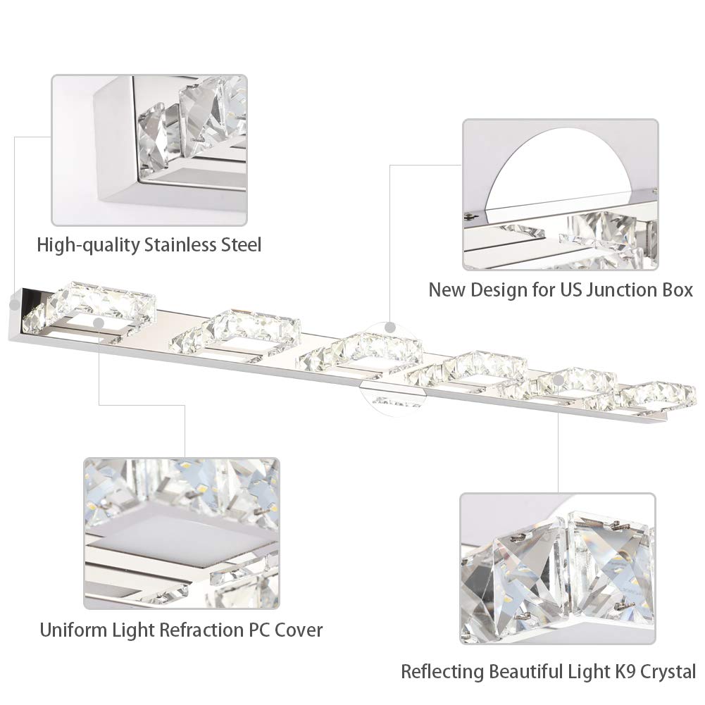 Aipsun 41 Inch Modern Crystal Vanity Lights - 6 LED Light Fixture for Bathroom Mirror, Dimmable Wall Sconce with Clear Glass Shades - Perfect for Makeup Vanity, Dressing Room & Spa Lighting