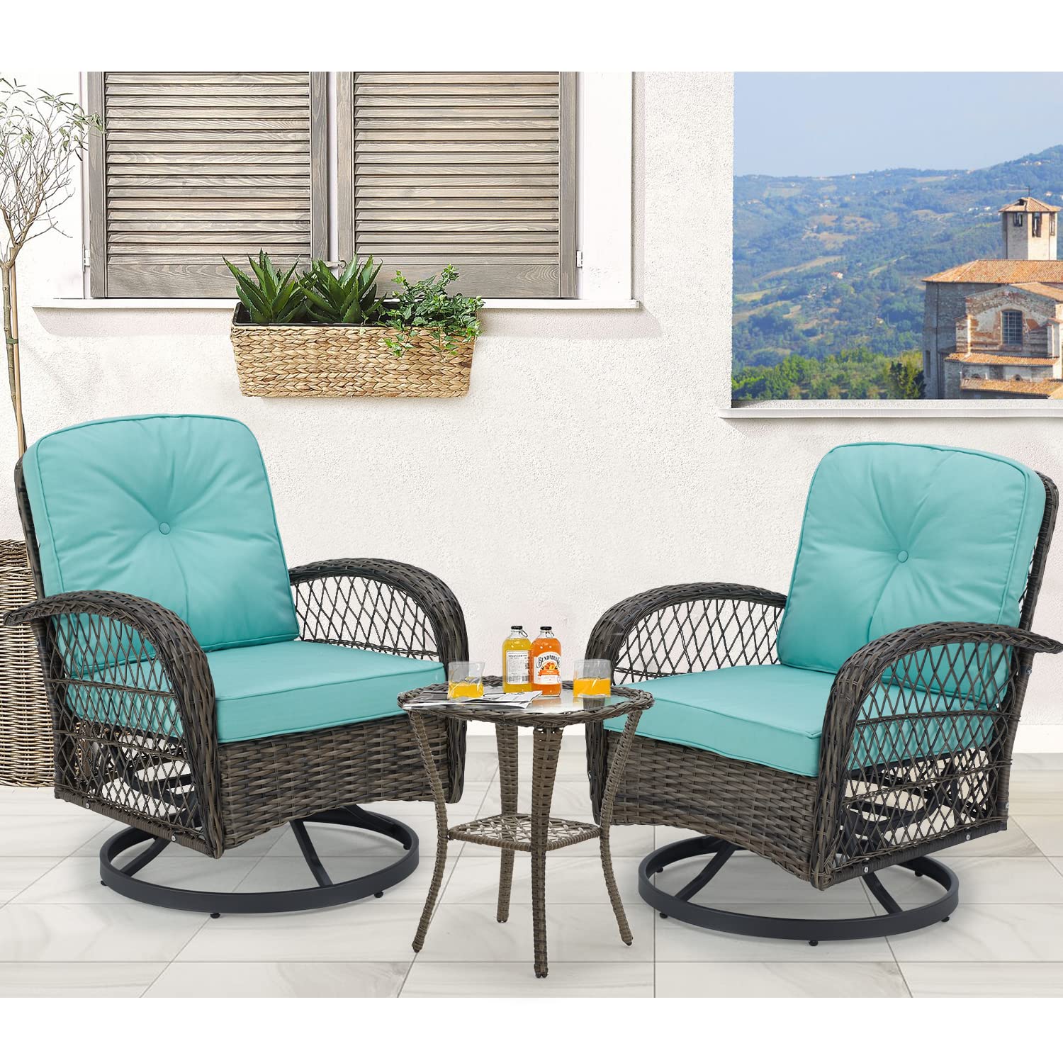 EROMMY 3-Piece Outdoor Swivel Rocking Chair Set with 360° Rotation, Thickened Cushions & Glass Coffee Table - Patio Conversation Furniture for Backyard, Garden or Poolside (Blue)