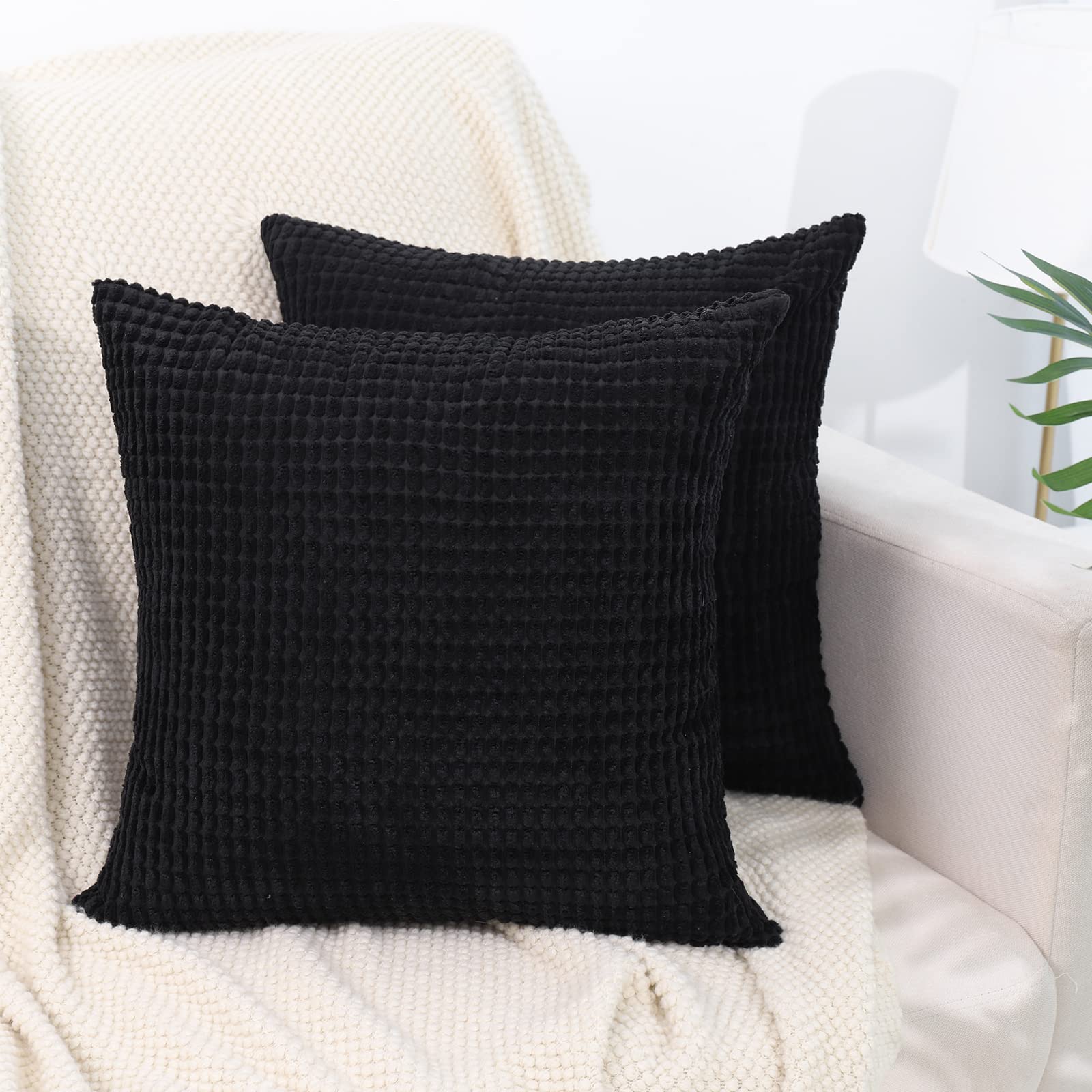 BEBEN 16x16 Throw Pillow Covers Set of 2 - Soft Corduroy Square Cushion Cases for Couch, Sofa, Bed & Car - Decorative Home & Bedroom Accent Pillows (Black) | Perfect for Living Room Decor, Cozy Reading Nook & Travel Comfort