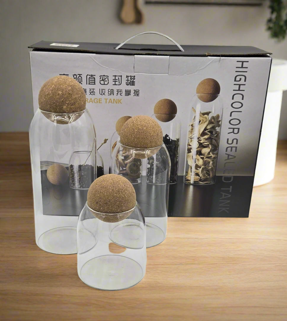 3-Piece Glass Canister Set with Cork Lids - Airtight Food Storage Containers for Kitchen Pantry Organization (Perfect for Flour, Sugar, Coffee & Dry Goods)