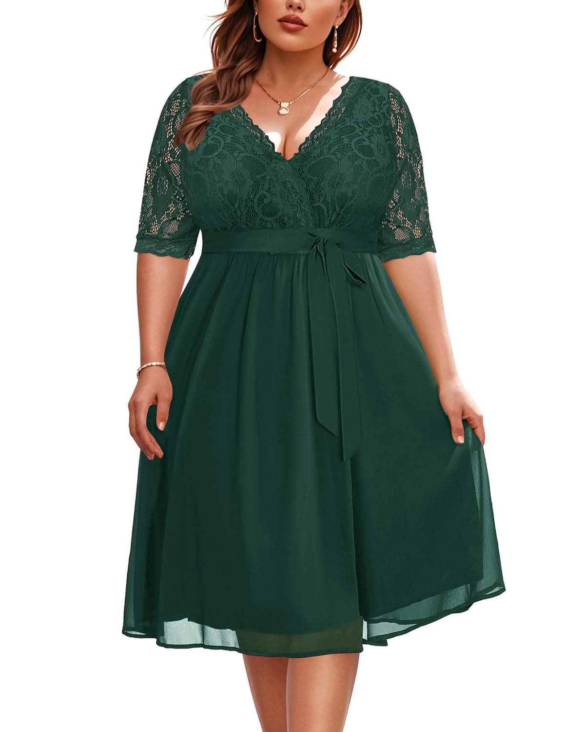 Plus Size Lace Chiffon Wrap V-Neck Cocktail Dress for Women - Elegant Wedding Guest & Party Midi Dress - Perfect for Bridal Showers, Date Nights & Special Occasions