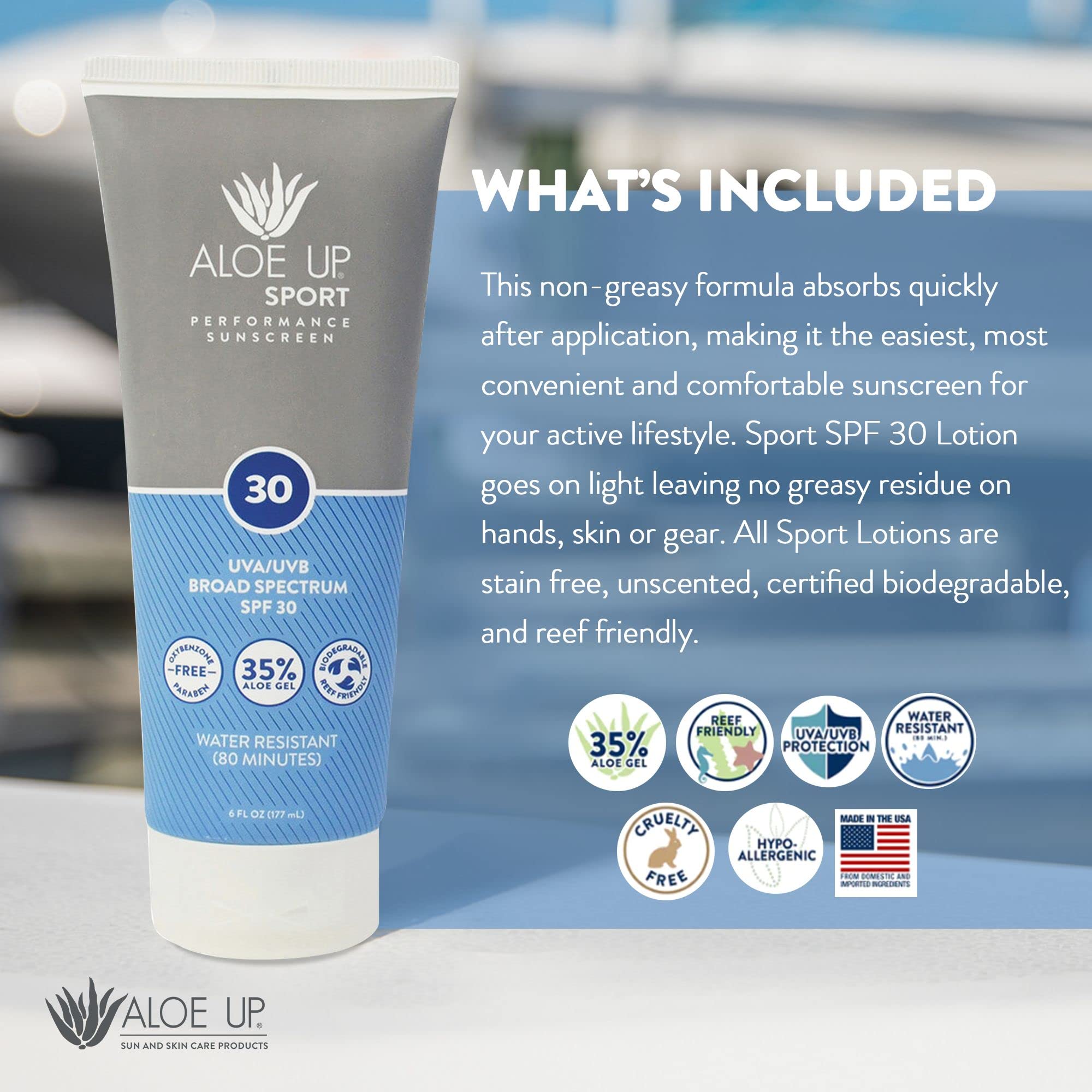 Aloe Up Sport Sunscreen Lotion SPF 30 - 6oz (177ml) - Water-Resistant Sun Protection for Active Outdoor Activities, Swimming, Hiking & Sports