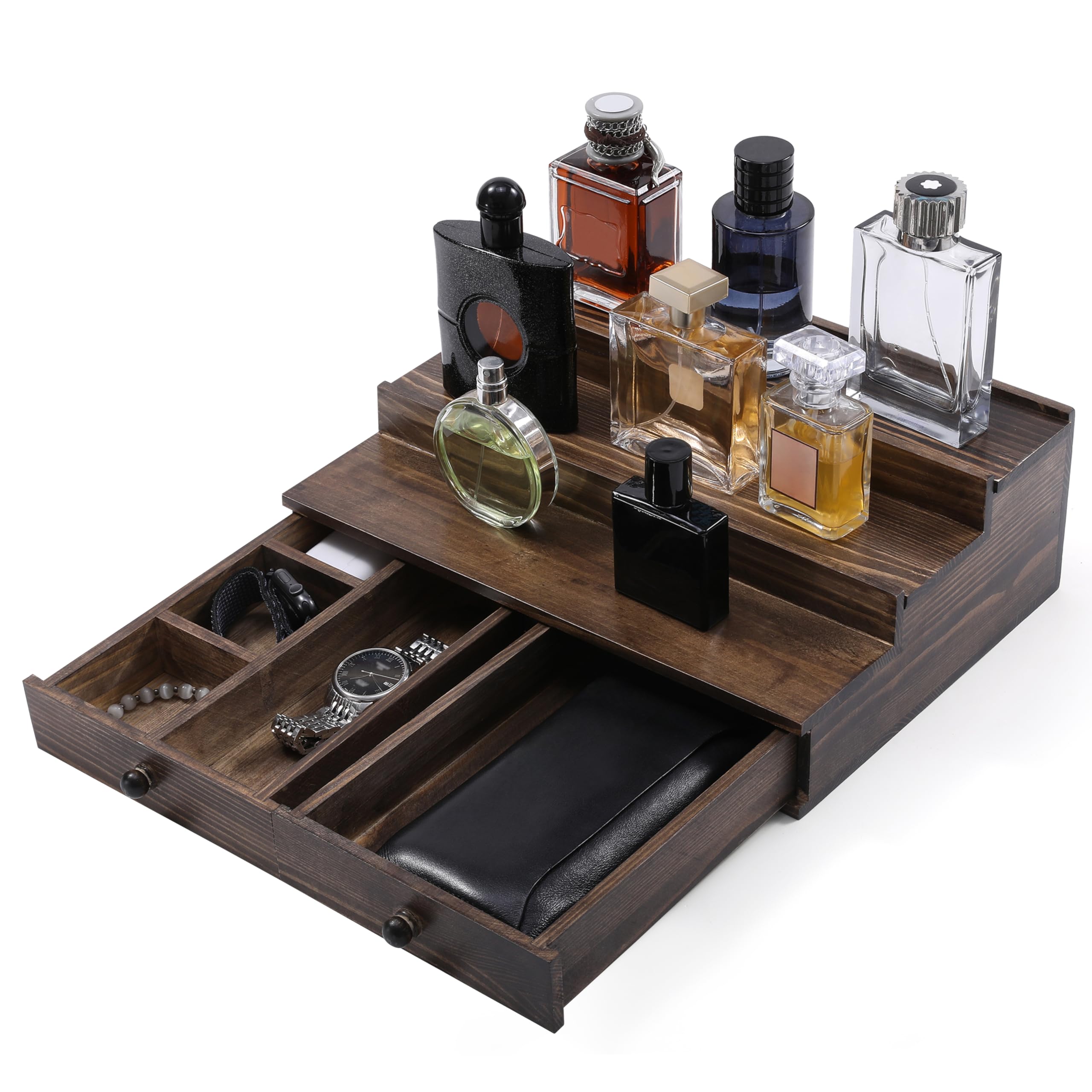 3-Tier Wooden Cologne Organizer for Men with Drawer & Hidden Compartment - Vintage Perfume Display Stand - Perfect Gift for Him - Ideal for Bedroom, Bathroom & Dresser Organization