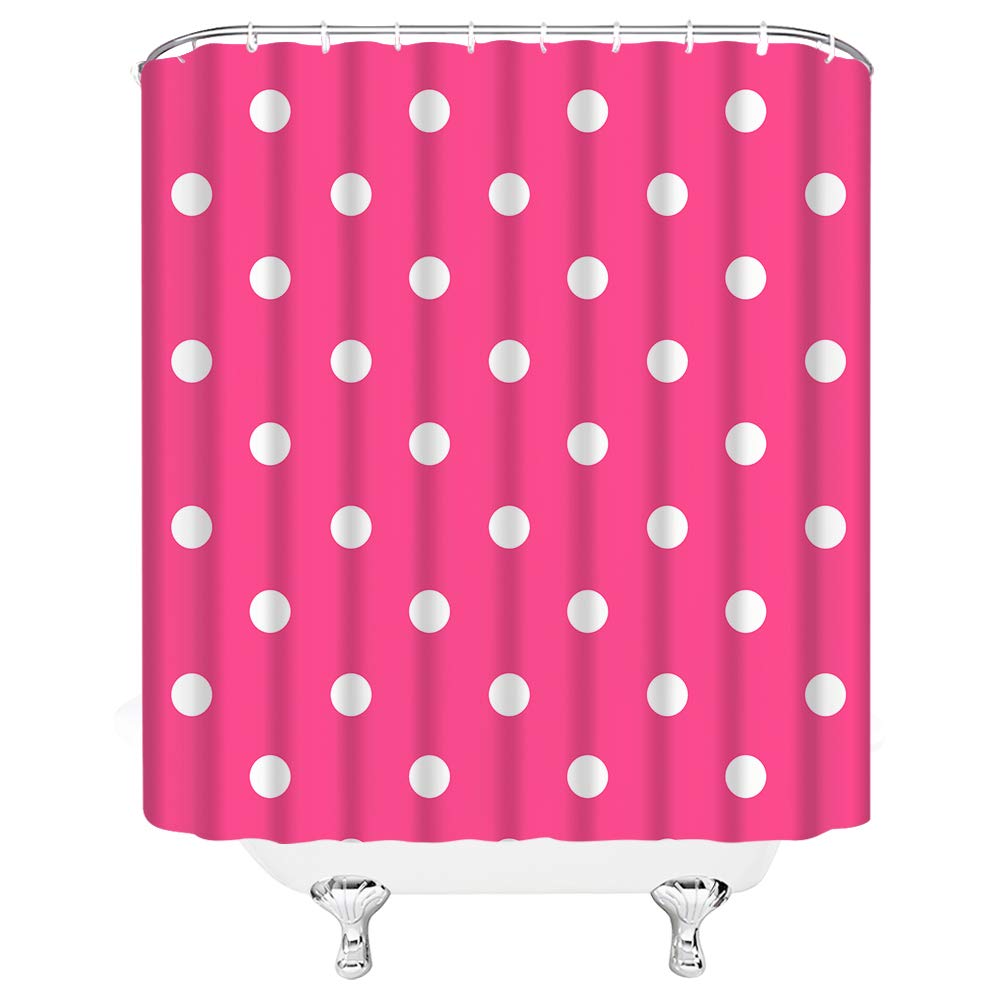 Polka Dot Shower Curtain Set - 70x70 Inches Hot Pink & White Cute Doodle Print Bathroom Decor with Hooks | Waterproof Fabric for Girls' & Kids' Bathroom, Dorm, Apartment